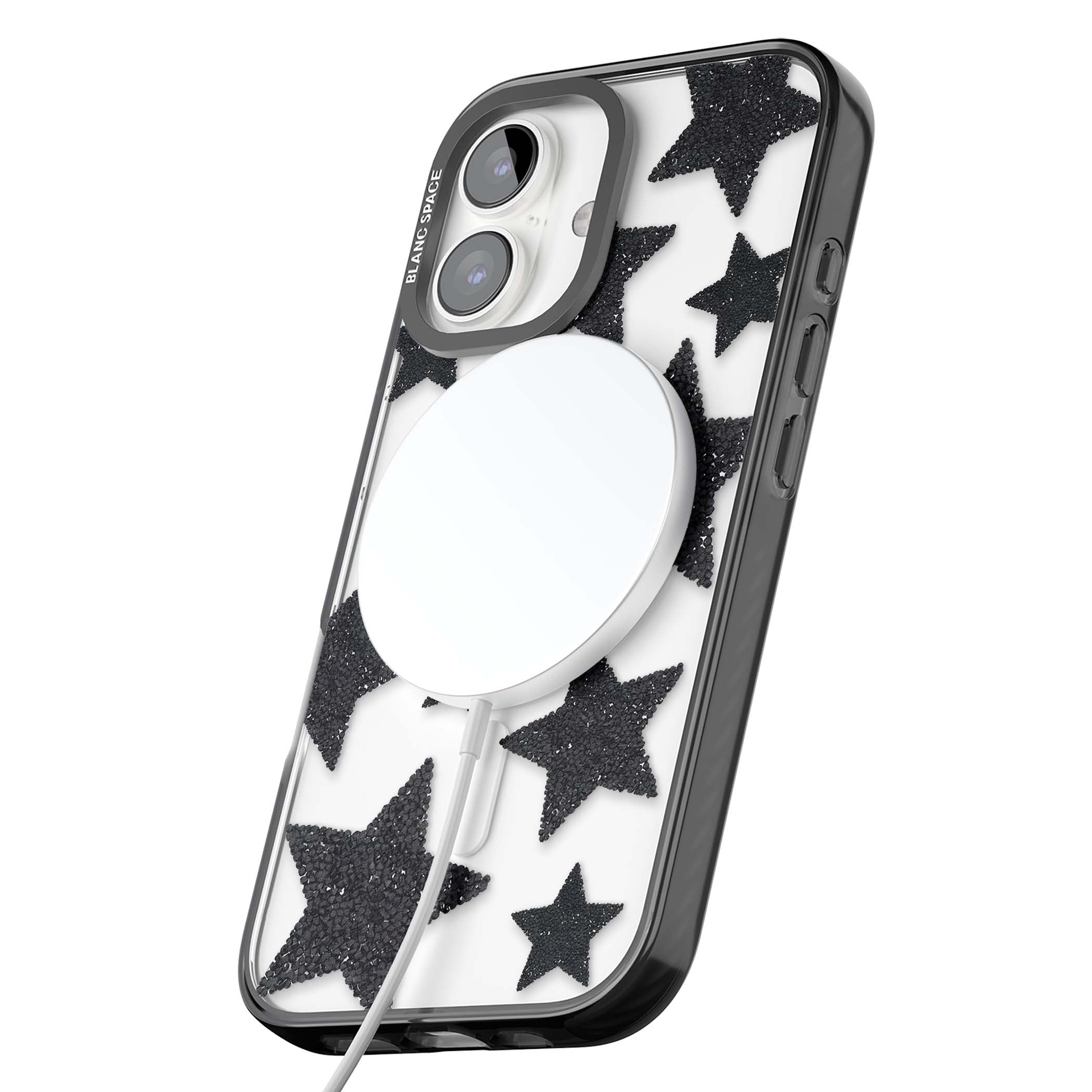 Beaded Black Stars celestial iPhone case featuring black glitter beaded stars scattered on a clear background | Black Impact Magsafe case for iPhone 16, iPhone 16 Plus