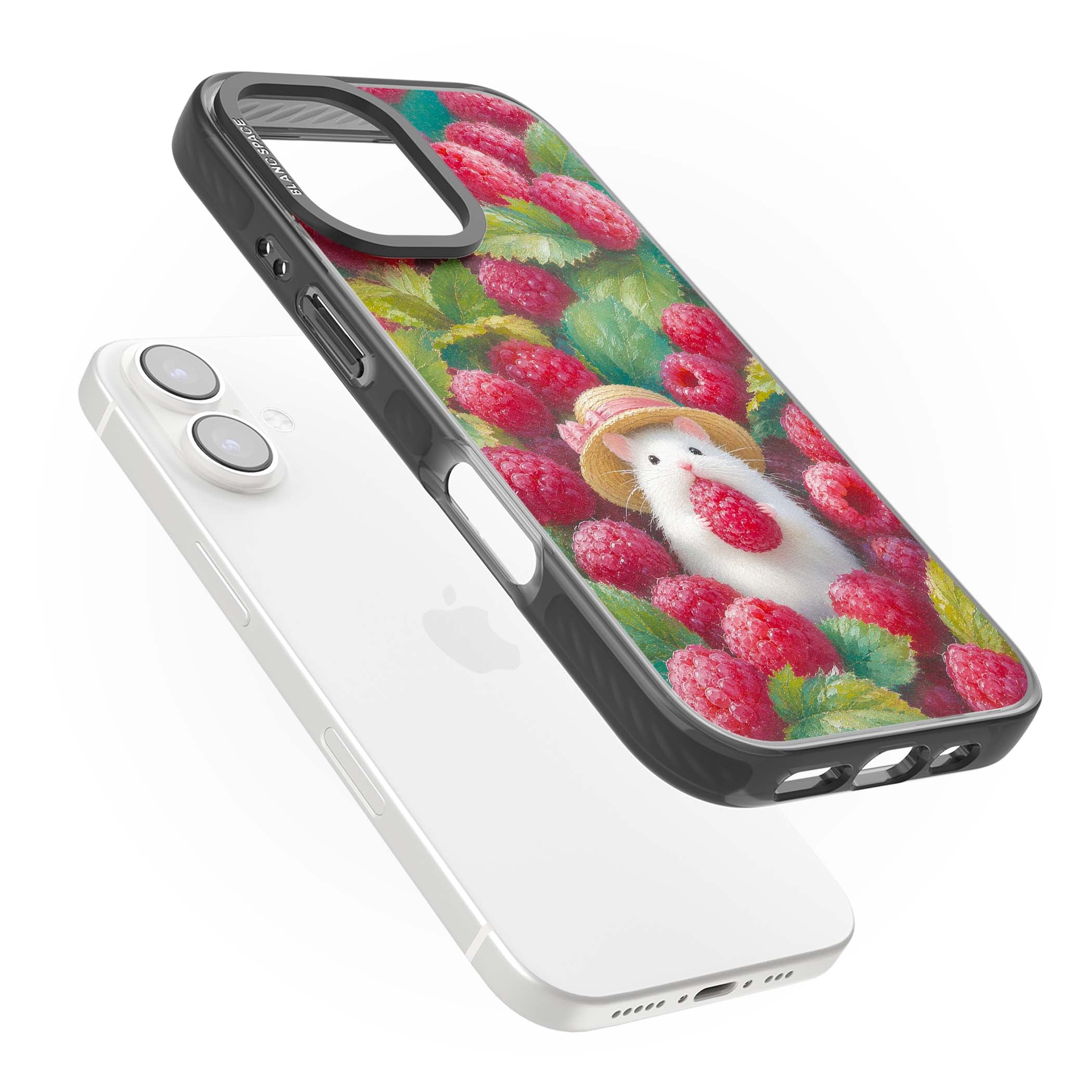 Berry Forager cottagecore iPhone case featuring a white hamster in a straw hat holding a raspberry surrounded by ripe ber | Black Impact Magsafe case for iPhone 16, iPhone 16 Plus