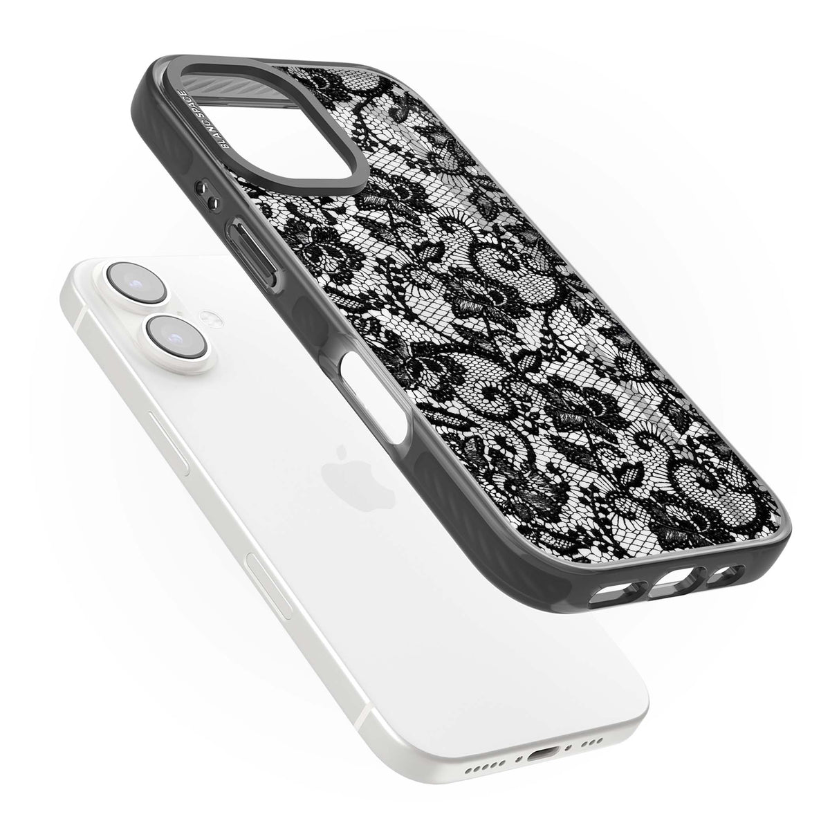 Black Lace gothic iPhone case featuring intricate black floral lace pattern with vintage whimsigoth detail | Black Impact Magsafe case for iPhone 16, iPhone 16 Plus