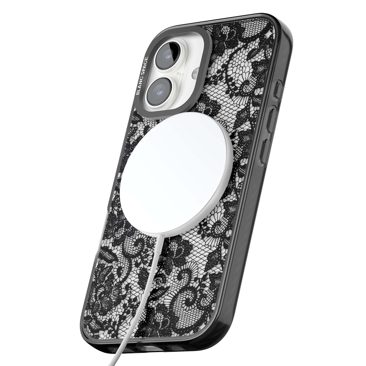 Black Lace gothic iPhone case featuring intricate black floral lace pattern with vintage whimsigoth detail | Black Impact Magsafe case for iPhone 16, iPhone 16 Plus