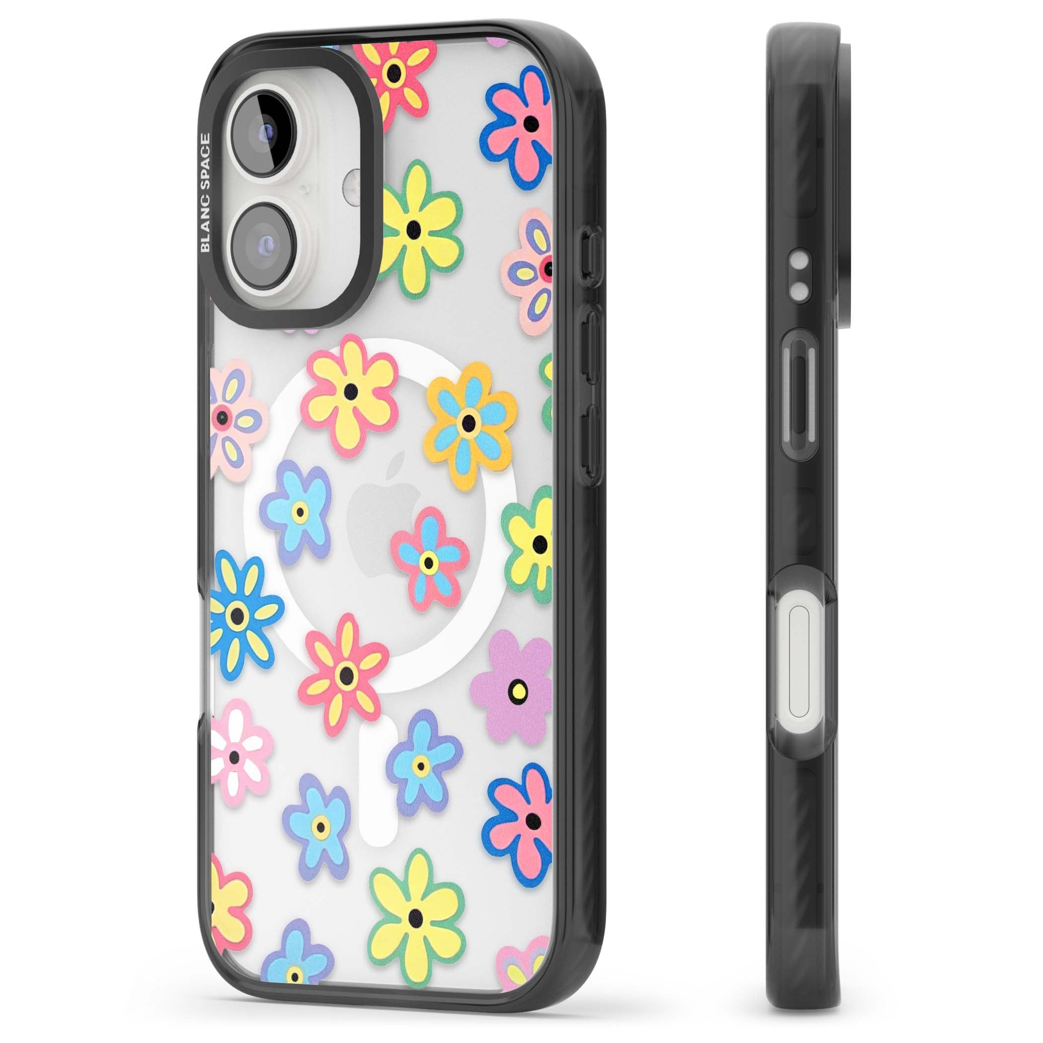 Bloom Pop cottagecore iPhone case featuring multicolor pastel flowers with black centers on clear background | Black Impact Magsafe case for iPhone 16, iPhone 16 Plus