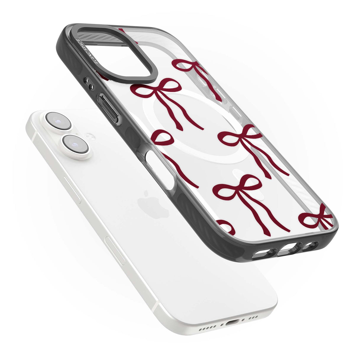 Burgundy Bows coquette iPhone case featuring hand-drawn burgundy red bows on a clear background | Black Impact Magsafe case for iPhone 16, iPhone 16 Plus