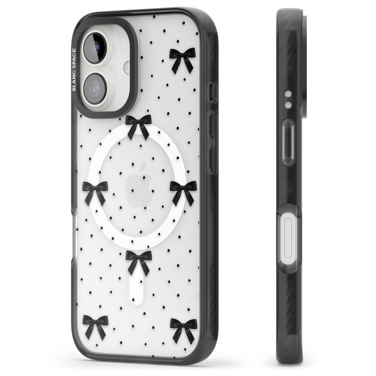Black Polka Bows coquette iPhone case featuring scattered black satin bows and tiny polka dots on a clear base | Black Impact Magsafe case for iPhone 16, iPhone 16 Plus
