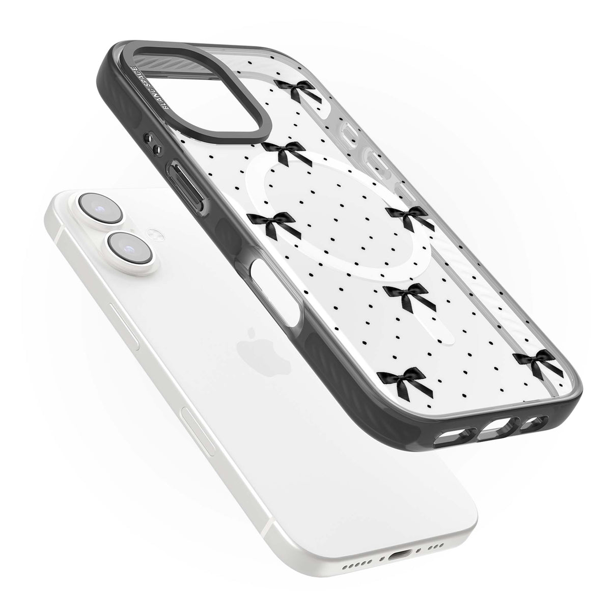 Black Polka Bows coquette iPhone case featuring scattered black satin bows and tiny polka dots on a clear base | Black Impact Magsafe case for iPhone 16, iPhone 16 Plus