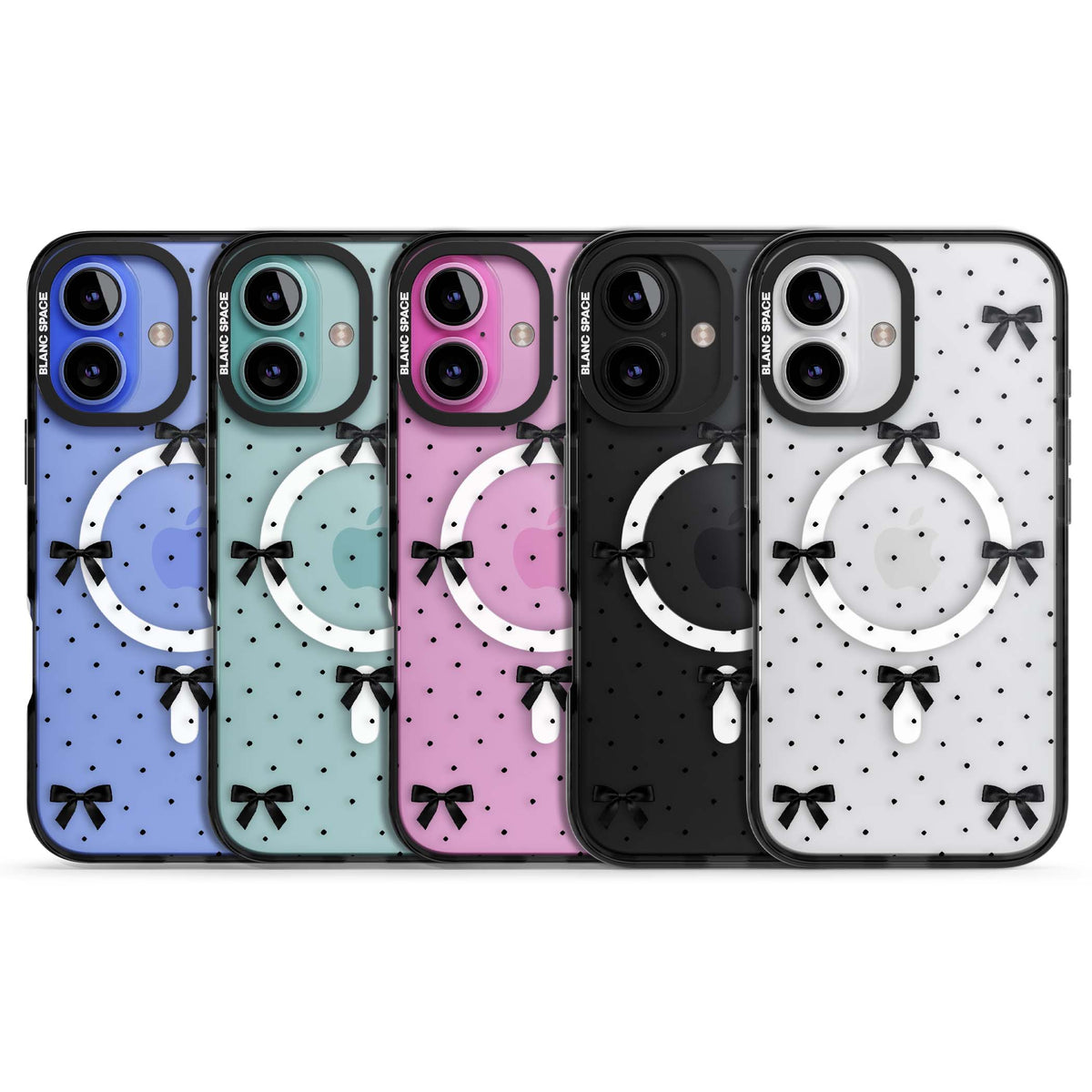 Black Polka Bows coquette iPhone case featuring scattered black satin bows and tiny polka dots on a clear base | Black Impact Magsafe case for iPhone 16, iPhone 16 Plus