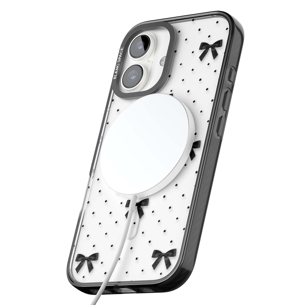 Black Polka Bows coquette iPhone case featuring scattered black satin bows and tiny polka dots on a clear base | Black Impact Magsafe case for iPhone 16, iPhone 16 Plus