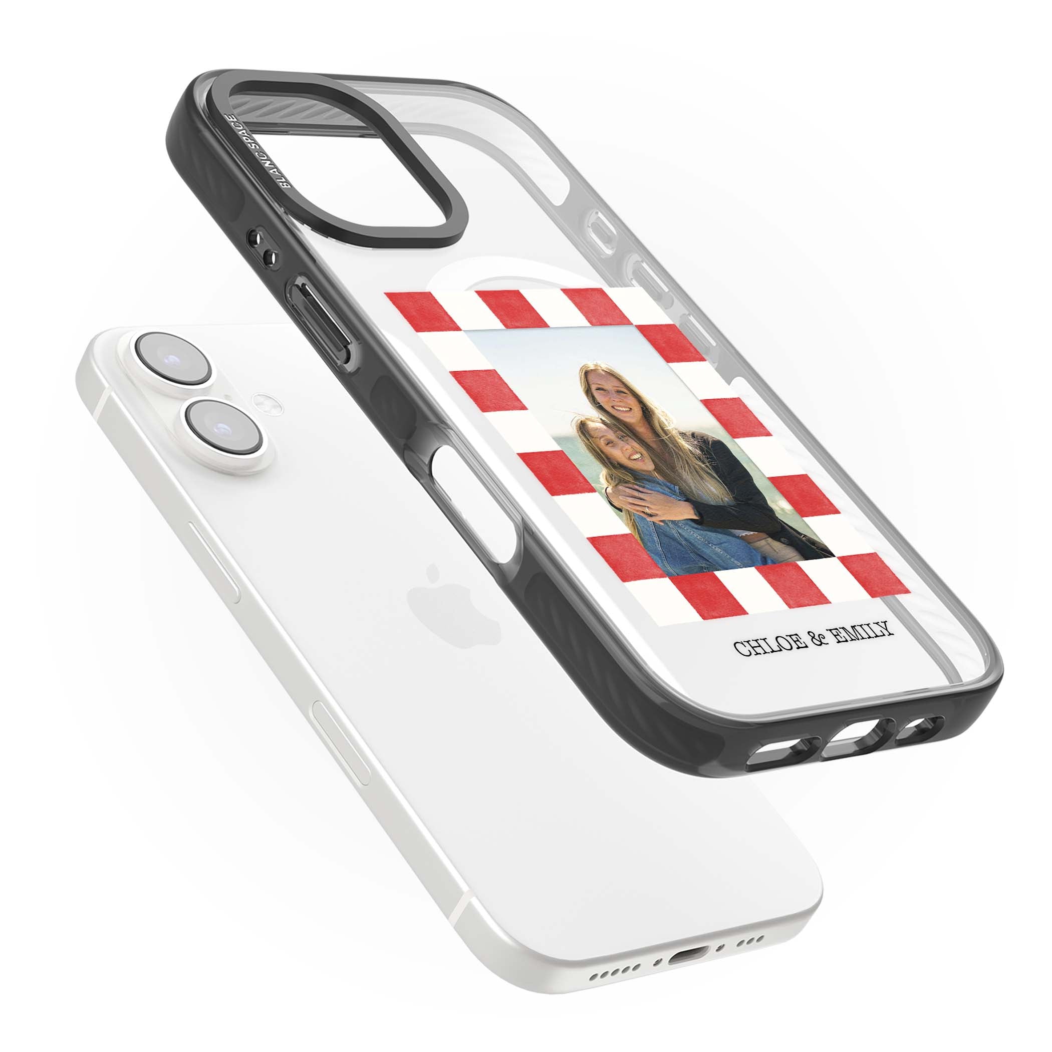 Red Check Photo personalised photo iPhone case with red and white checkered polaroid frame and custom couple name | Black Impact Magsafe case for iPhone 16, iPhone 16 Plus