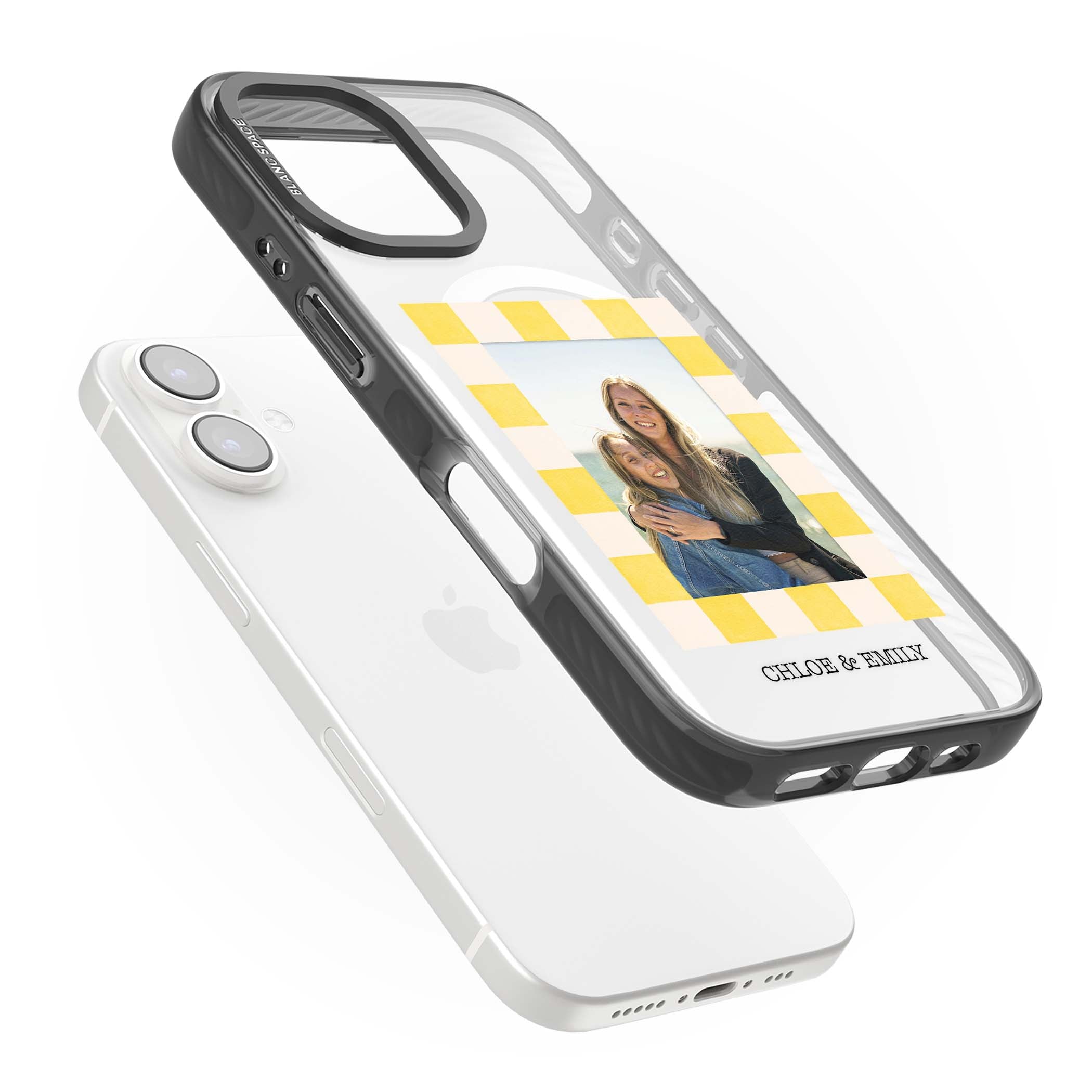Yellow Check Photo personalised iPhone case with yellow checkered Polaroid frame and custom names beneath | Black Impact Magsafe case for iPhone 16, iPhone 16 Plus