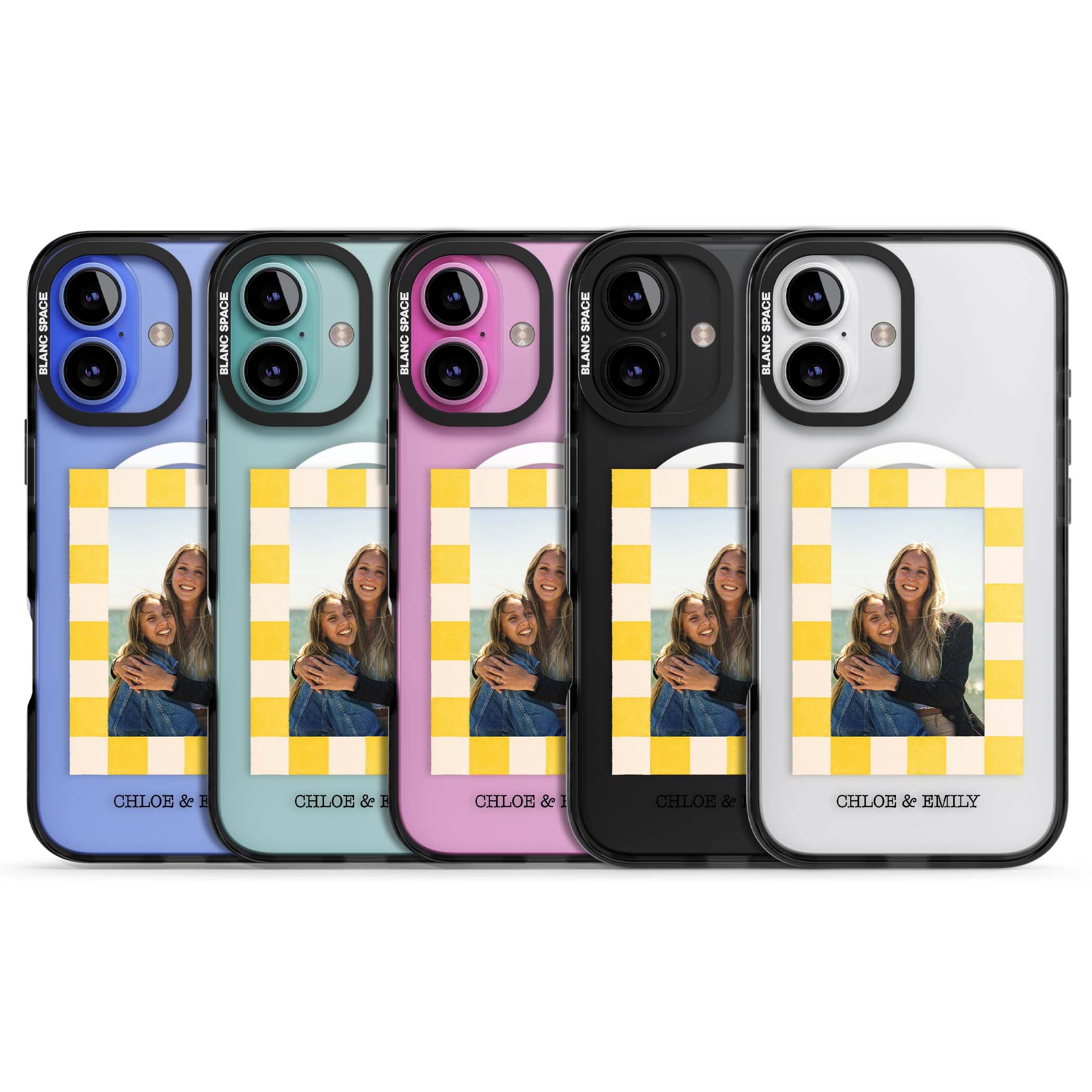 Yellow Check Photo personalised iPhone case with yellow checkered Polaroid frame and custom names beneath | Black Impact Magsafe case for iPhone 16, iPhone 16 Plus