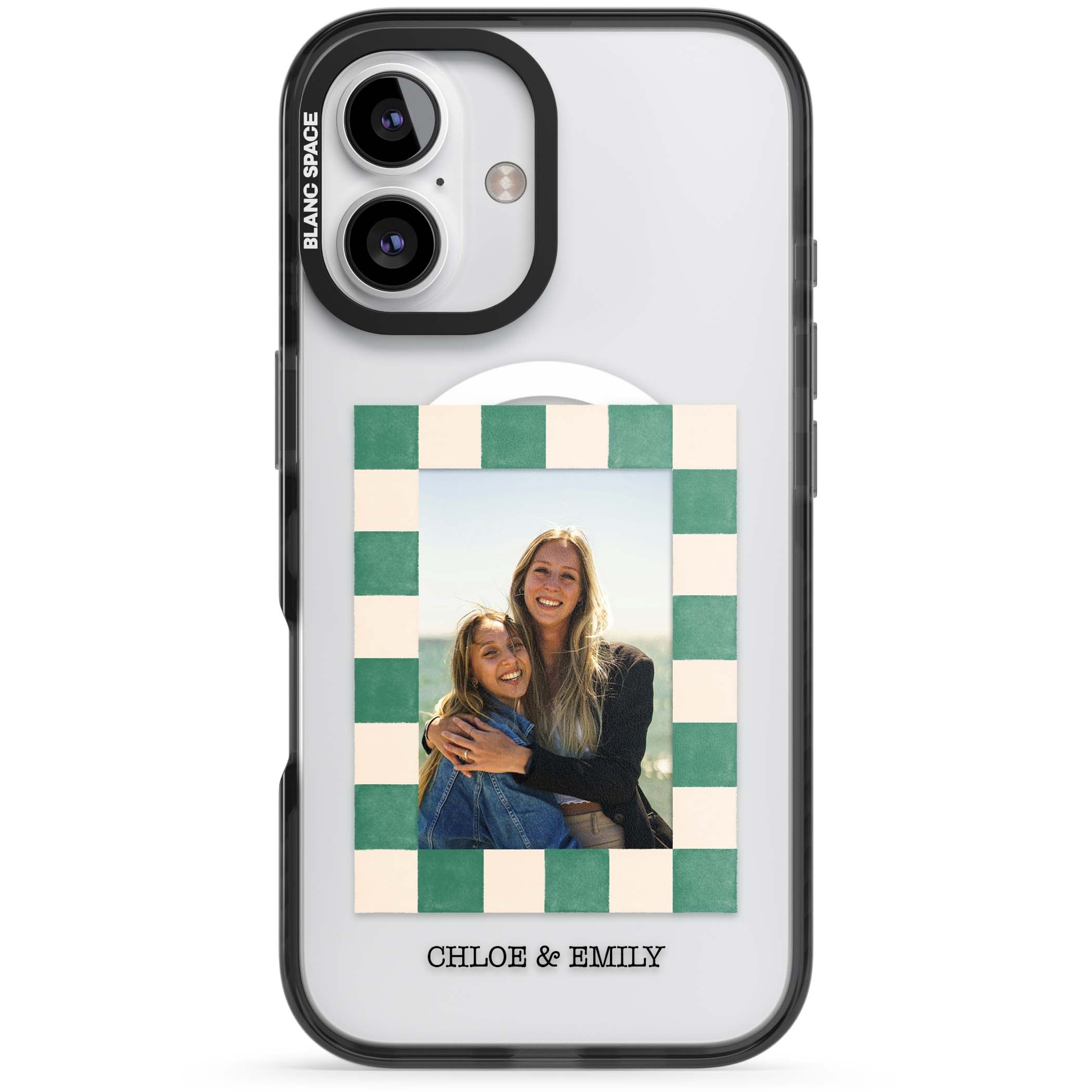 Seafoam Check Photo personalised iPhone case featuring a custom polaroid photo, green and cream checkered frame, and custom n | Black Impact Magsafe case for iPhone 16, iPhone 16 Plus