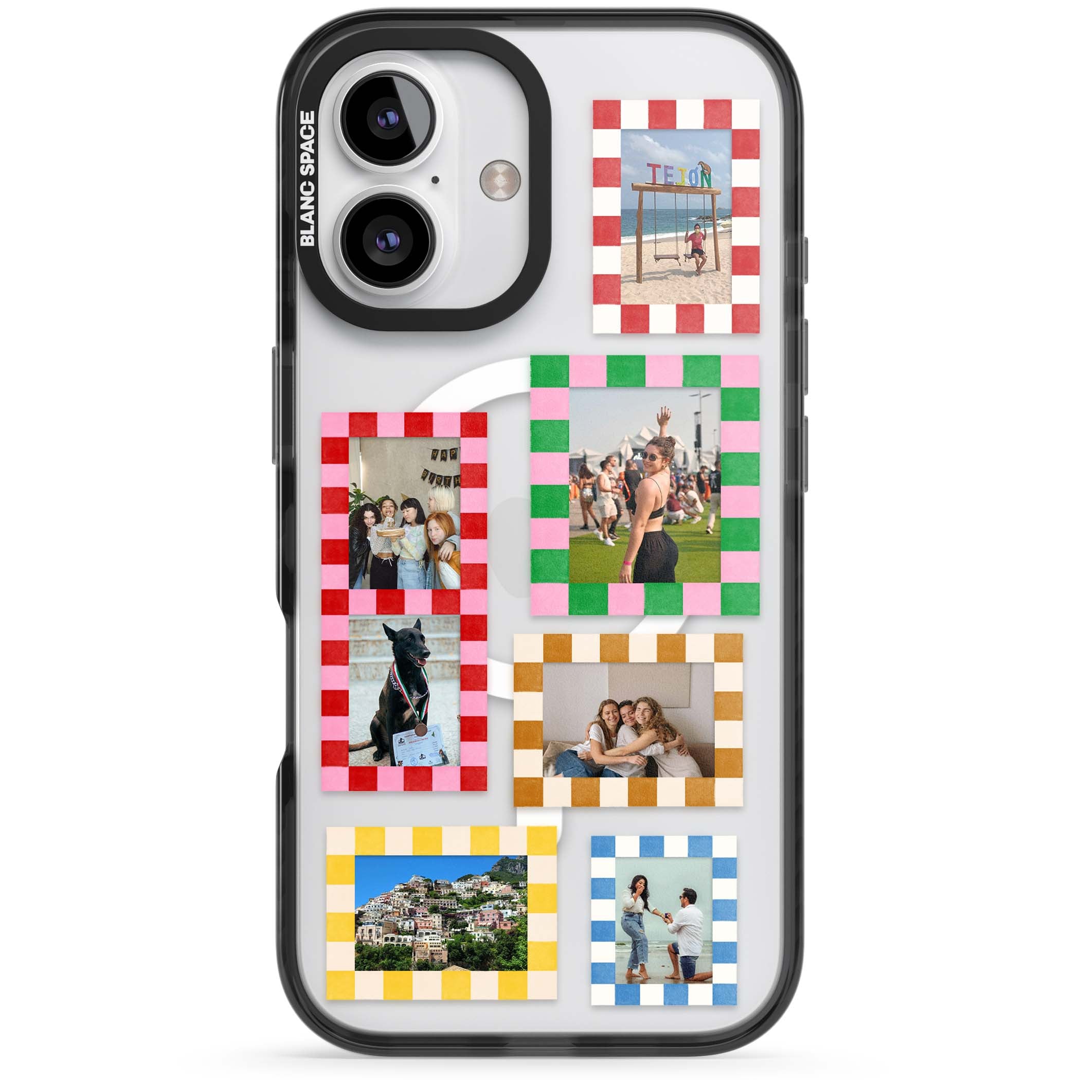 Italian Check Frames custom photo collage iPhone case featuring six checkered photo frames in red, green, pink and  | Black Impact Magsafe case for iPhone 16, iPhone 16 Plus