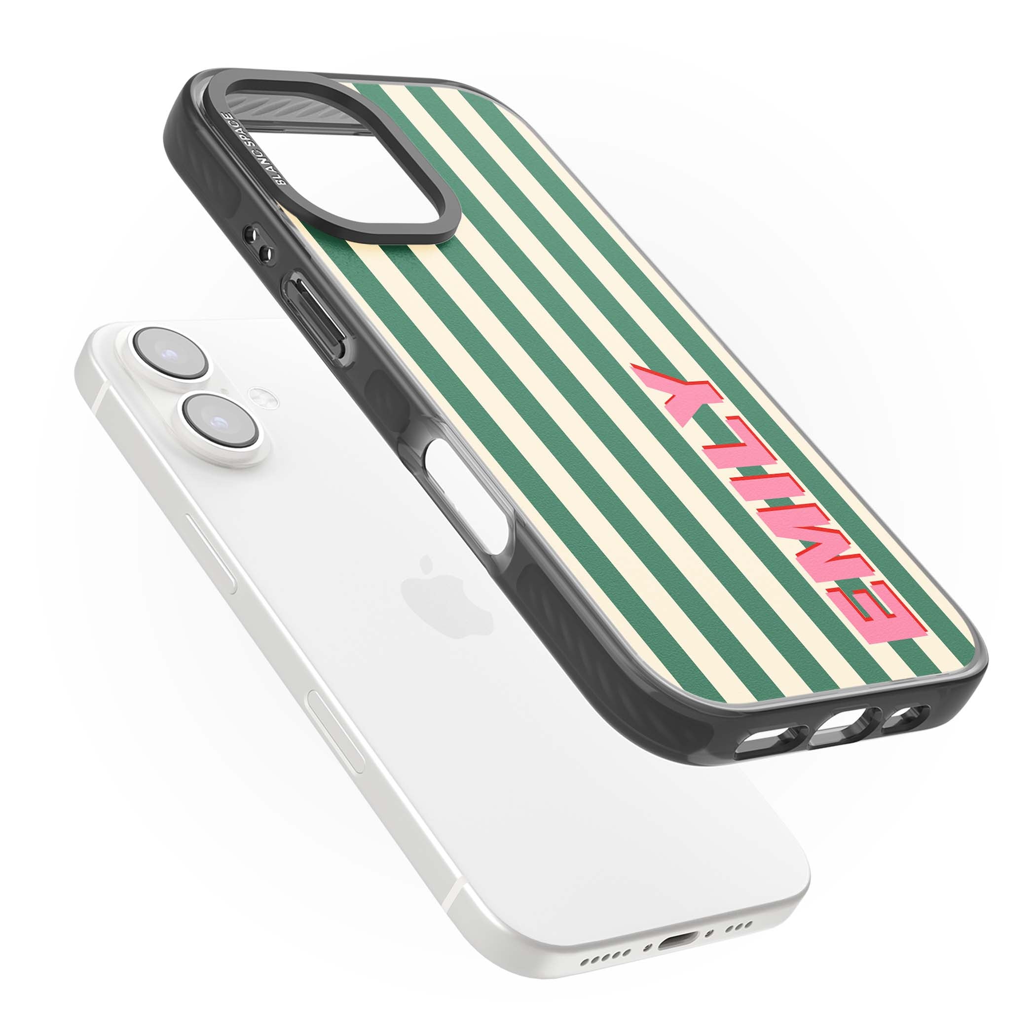 Wimbledon Stripe preppy iPhone case featuring green and cream vertical stripes with a personalised pink name | Black Impact Magsafe case for iPhone 16, iPhone 16 Plus
