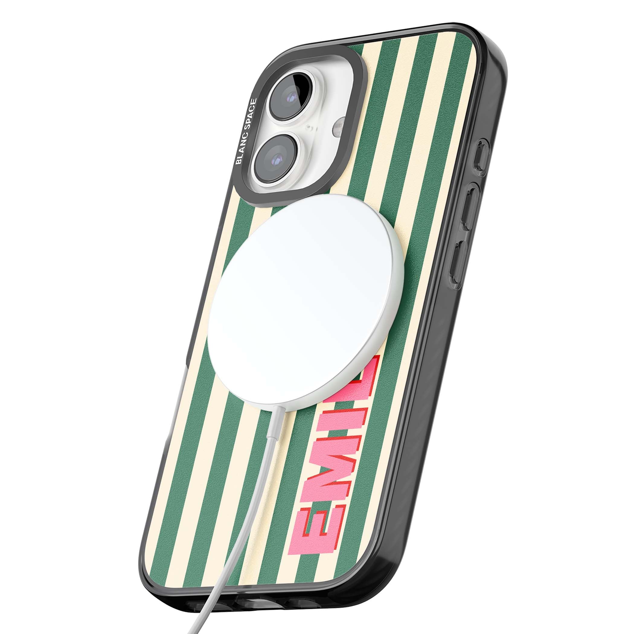 Wimbledon Stripe preppy iPhone case featuring green and cream vertical stripes with a personalised pink name | Black Impact Magsafe case for iPhone 16, iPhone 16 Plus
