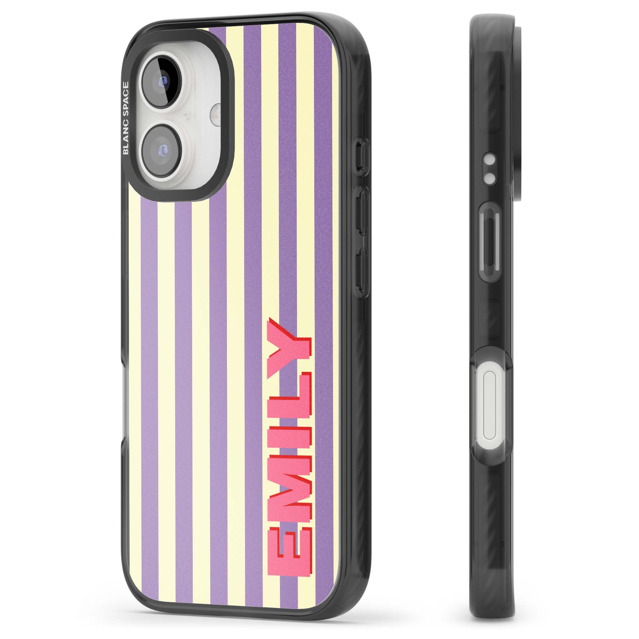 Valensole Stripe personalised iPhone case with purple and cream vertical stripes and pink custom name | Black Impact Magsafe case for iPhone 16, iPhone 16 Plus