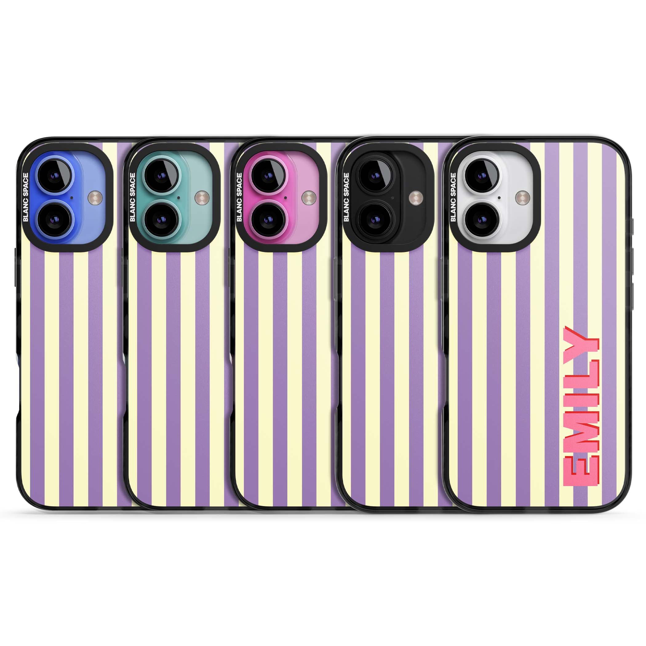Valensole Stripe personalised iPhone case with purple and cream vertical stripes and pink custom name | Black Impact Magsafe case for iPhone 16, iPhone 16 Plus