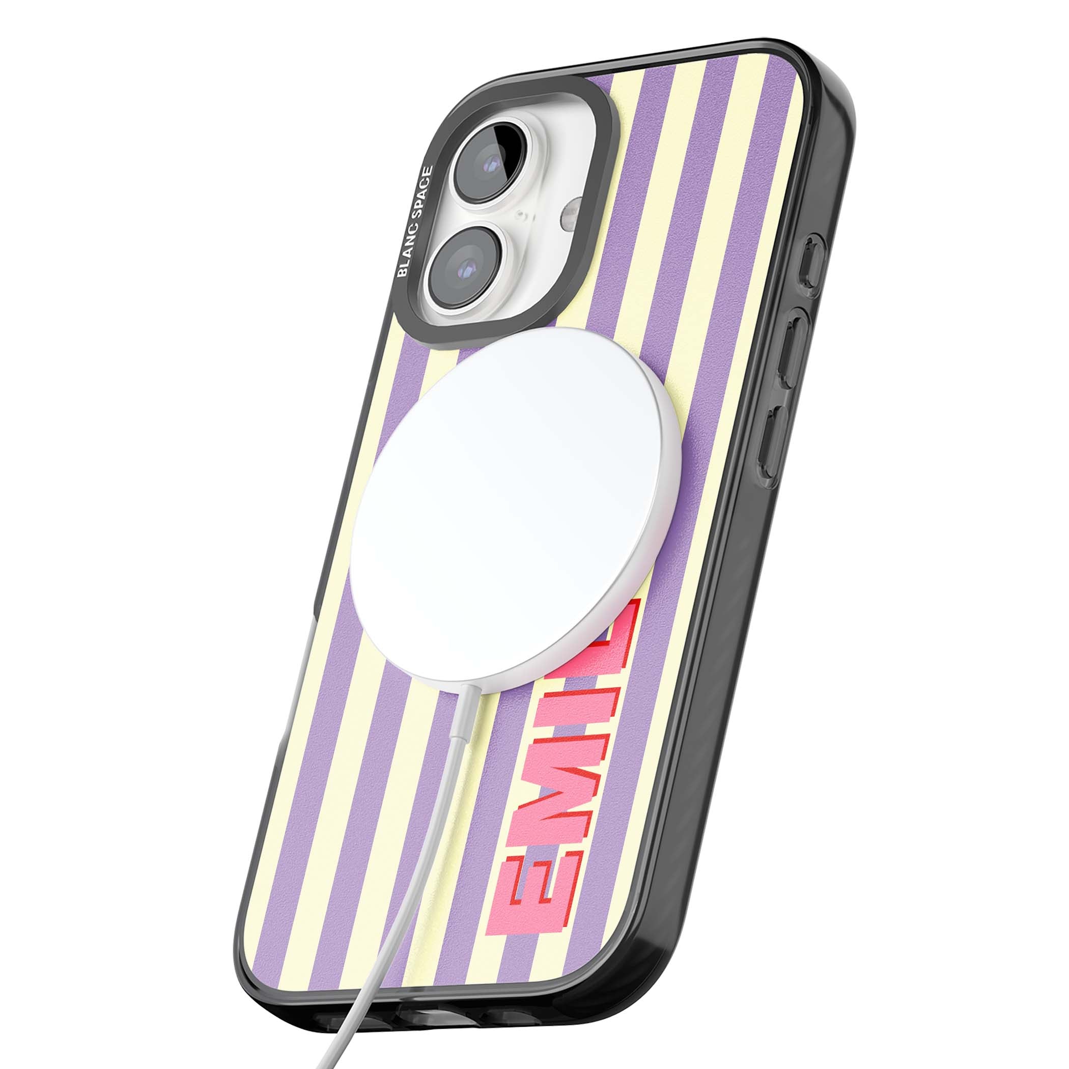 Valensole Stripe personalised iPhone case with purple and cream vertical stripes and pink custom name | Black Impact Magsafe case for iPhone 16, iPhone 16 Plus