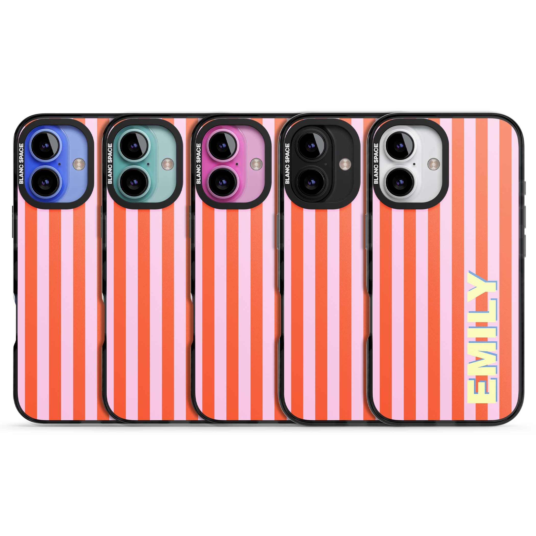 Havana Stripe personalised iPhone case featuring pink and orange vertical stripes with a custom yellow name | Black Impact Magsafe case for iPhone 16, iPhone 16 Plus