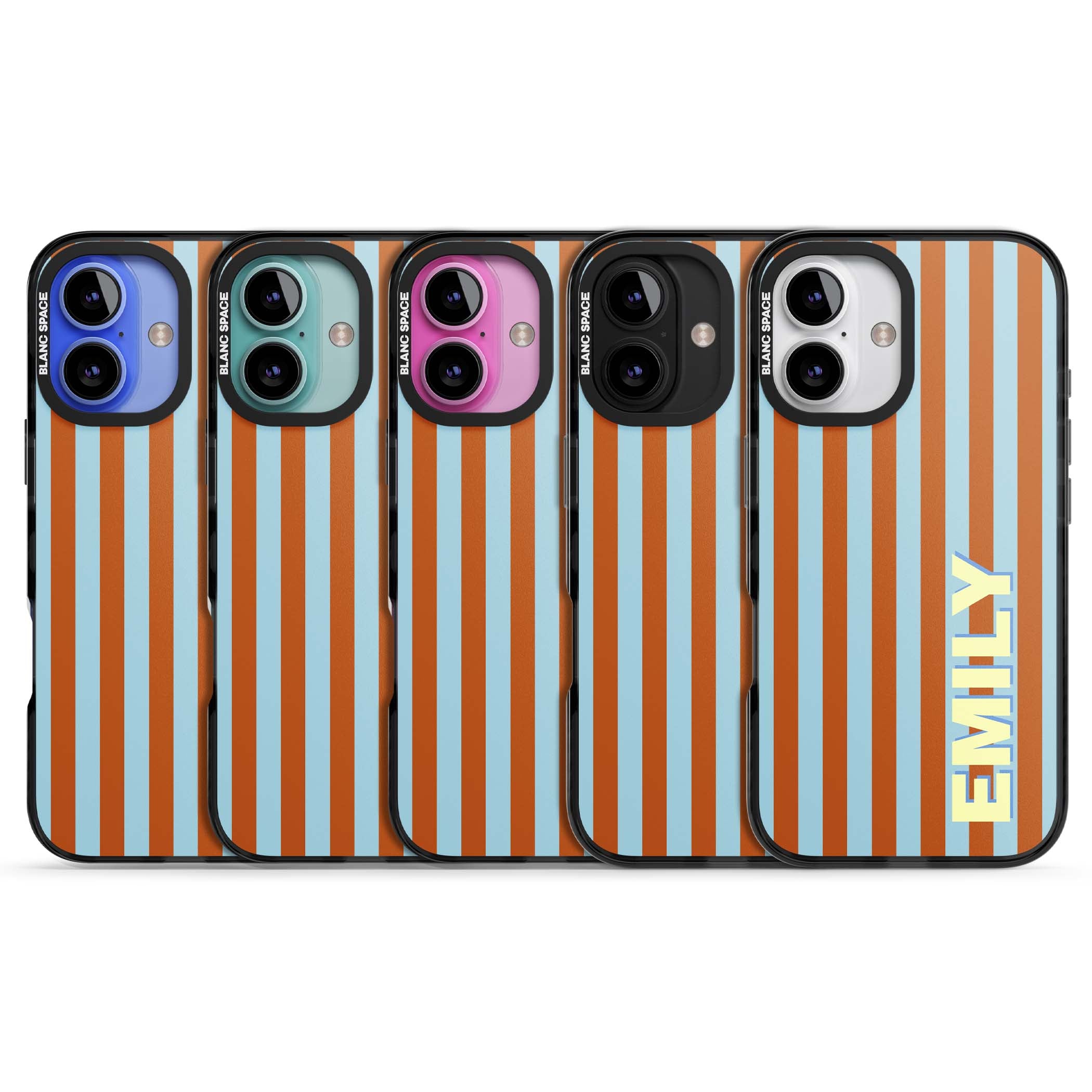 Cappadocia Stripe personalised coastal iPhone case featuring blue and orange vertical stripes with custom cream name | Black Impact Magsafe case for iPhone 16, iPhone 16 Plus