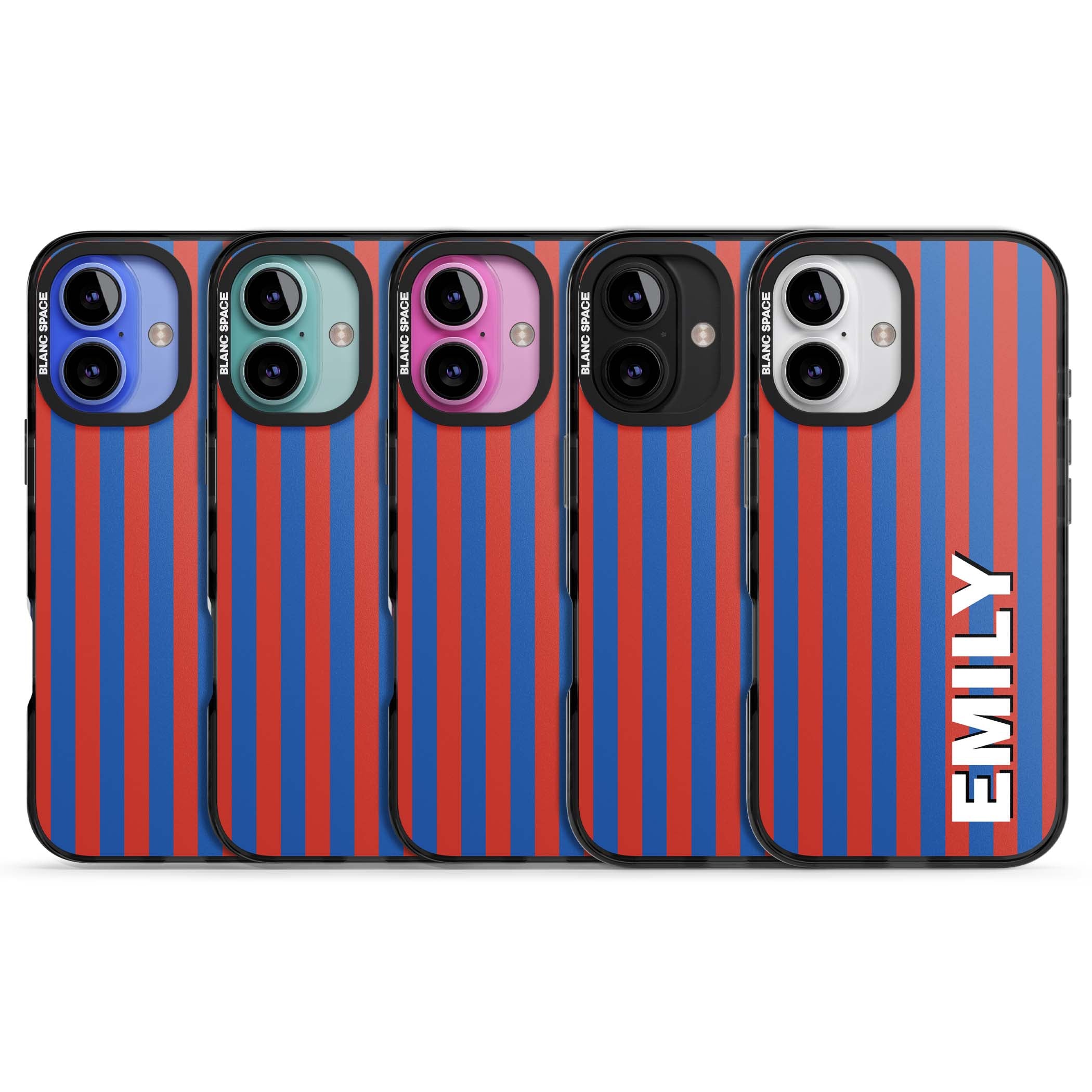 Cuban Stripe personalised iPhone case featuring red and blue vertical stripes with custom name in bold white letters | Black Impact Magsafe case for iPhone 16, iPhone 16 Plus