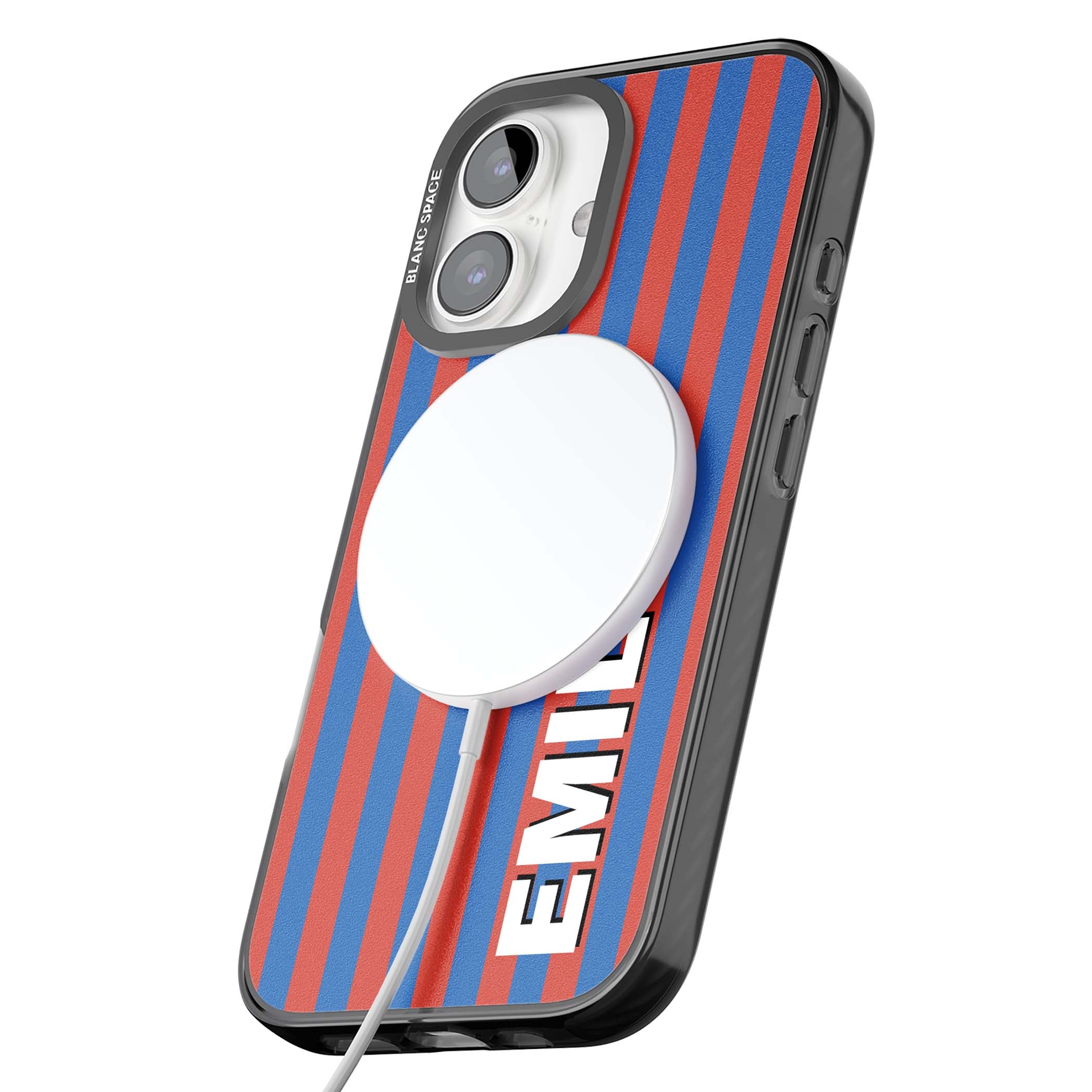Cuban Stripe personalised iPhone case featuring red and blue vertical stripes with custom name in bold white letters | Black Impact Magsafe case for iPhone 16, iPhone 16 Plus