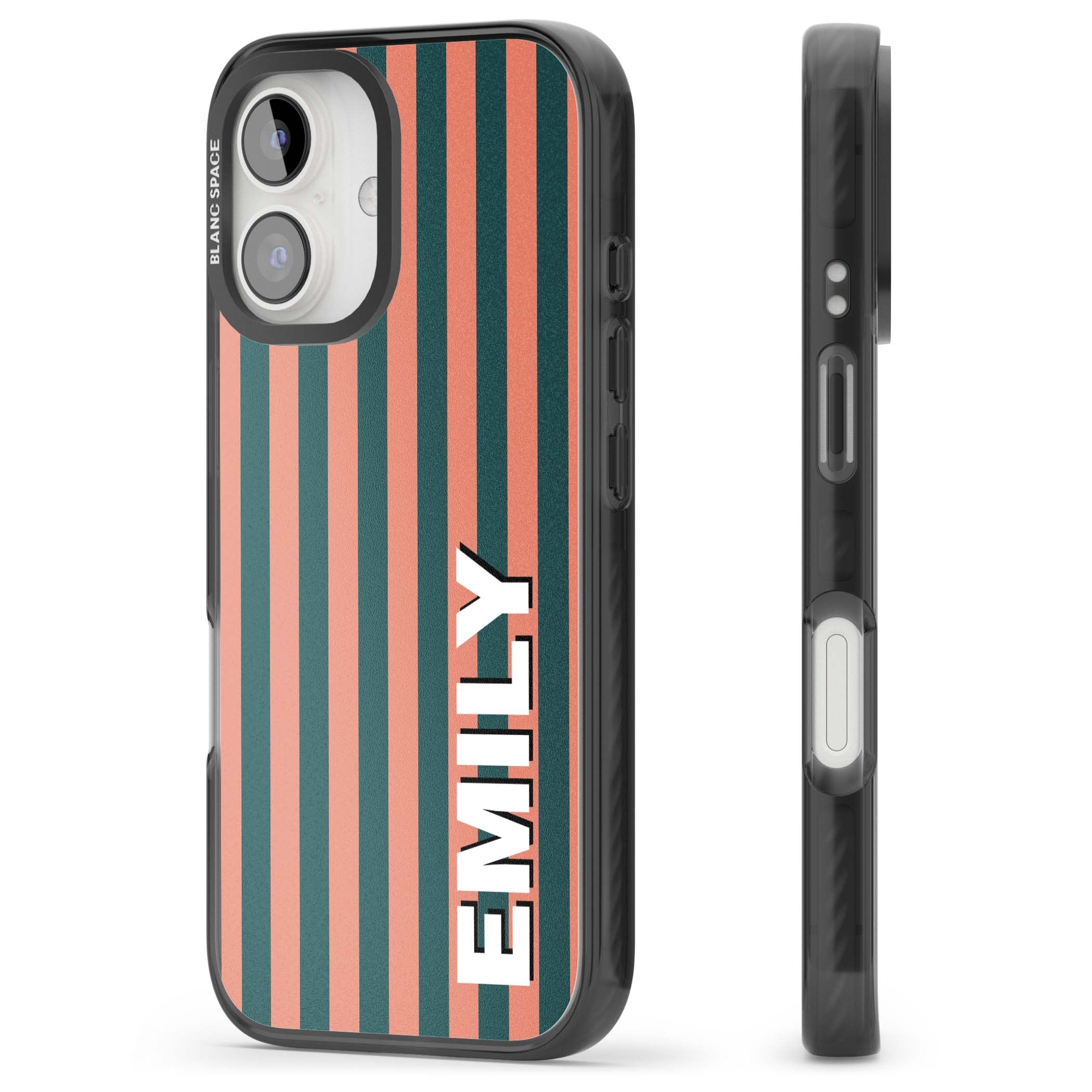 Tuscan Stripe personalised iPhone case featuring coral and green vertical stripes with bold custom name | Black Impact Magsafe case for iPhone 16, iPhone 16 Plus