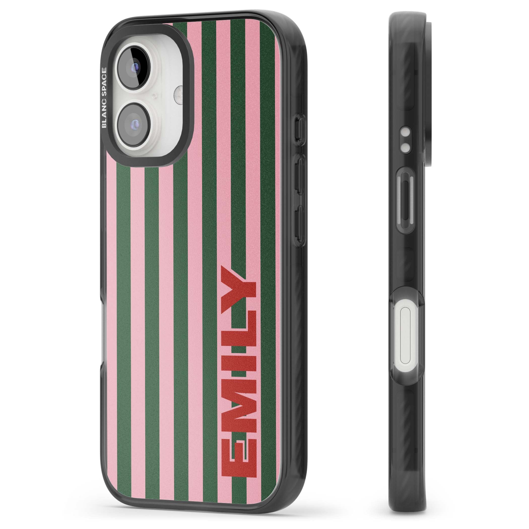Italian Stripe preppy iPhone case featuring pink and green vertical stripes with personalised red name | Black Impact Magsafe case for iPhone 16, iPhone 16 Plus