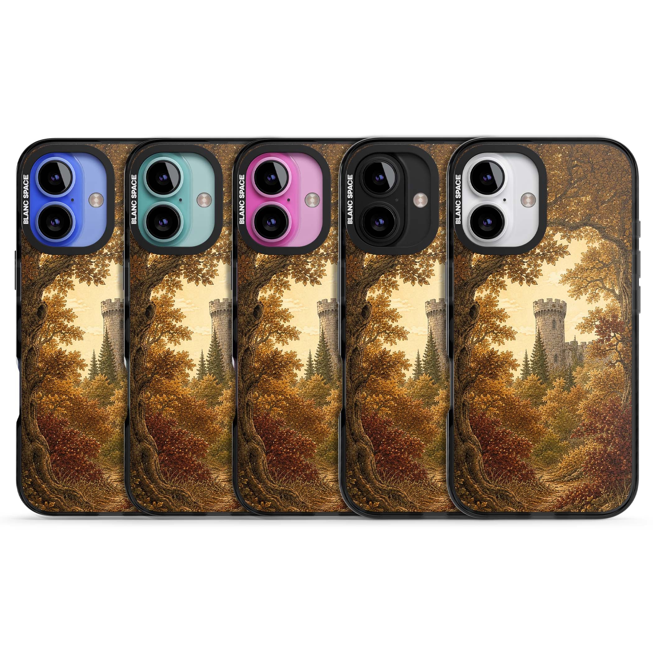 Autumn Keep cottagecore iPhone case featuring a medieval castle tower framed by golden autumn trees and woodland foliage | Black Impact Magsafe case for iPhone 16, iPhone 16 Plus