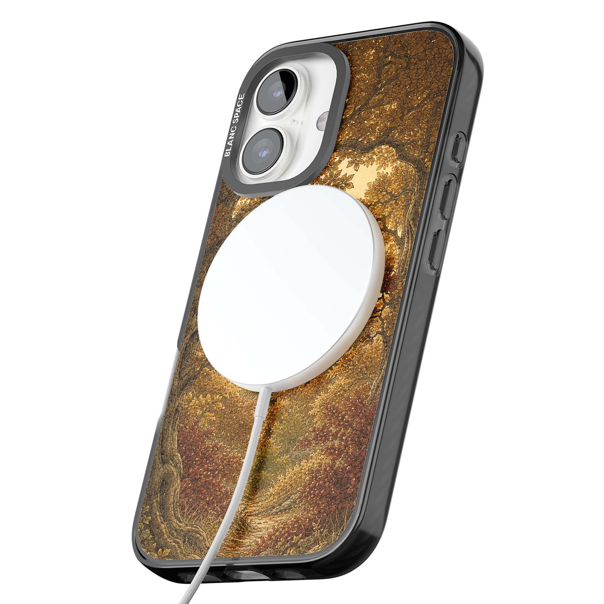 Autumn Keep cottagecore iPhone case featuring a medieval castle tower framed by golden autumn trees and woodland foliage | Black Impact Magsafe case for iPhone 16, iPhone 16 Plus