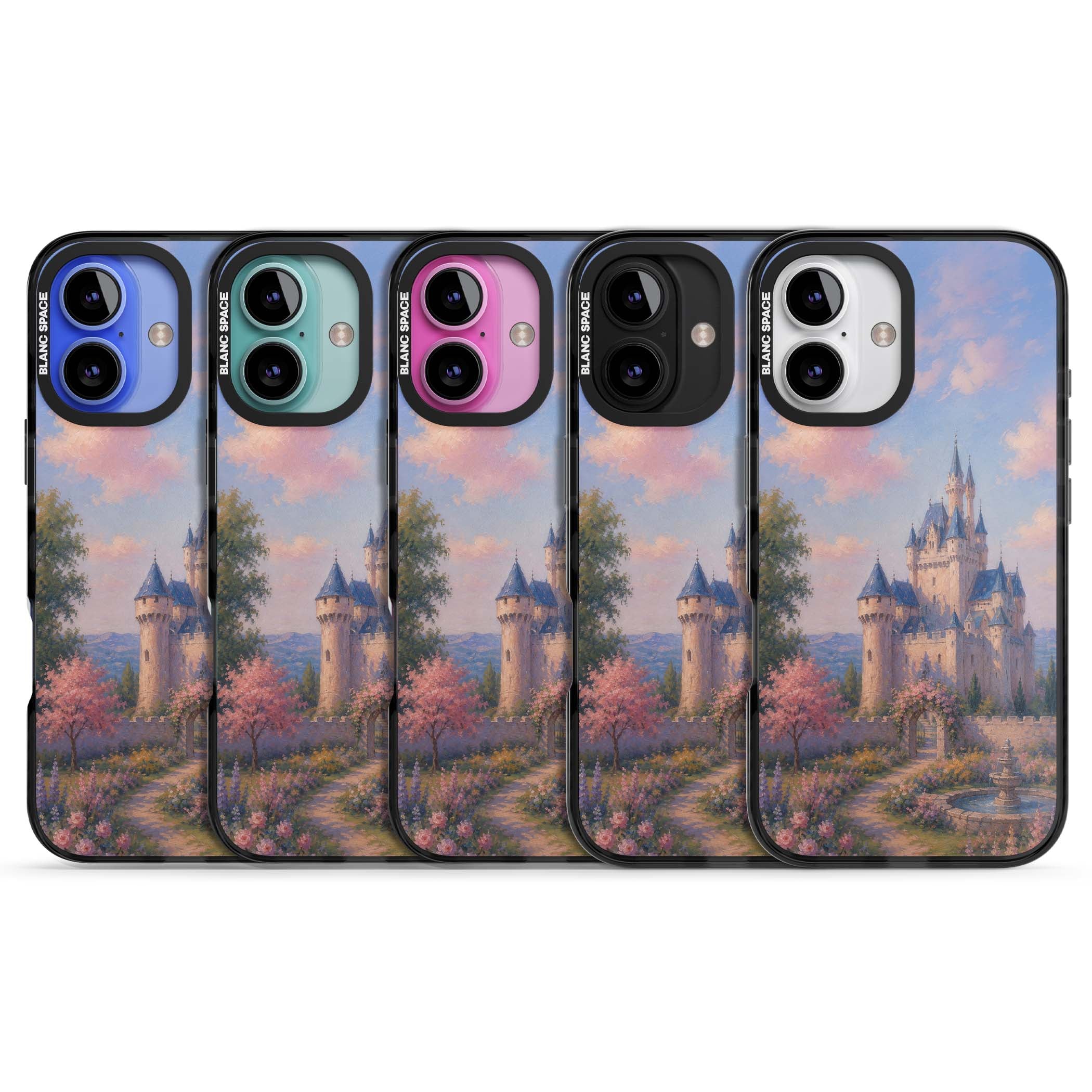 Enchanted Kingdom fairytale iPhone case featuring a romantic castle painting with cherry blossoms and pastel pink sky | Black Impact Magsafe case for iPhone 16, iPhone 16 Plus