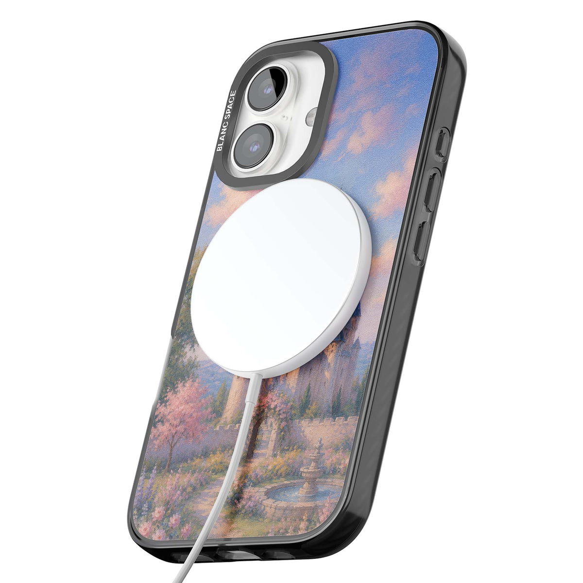 Enchanted Kingdom fairytale iPhone case featuring a romantic castle painting with cherry blossoms and pastel pink sky | Black Impact Magsafe case for iPhone 16, iPhone 16 Plus
