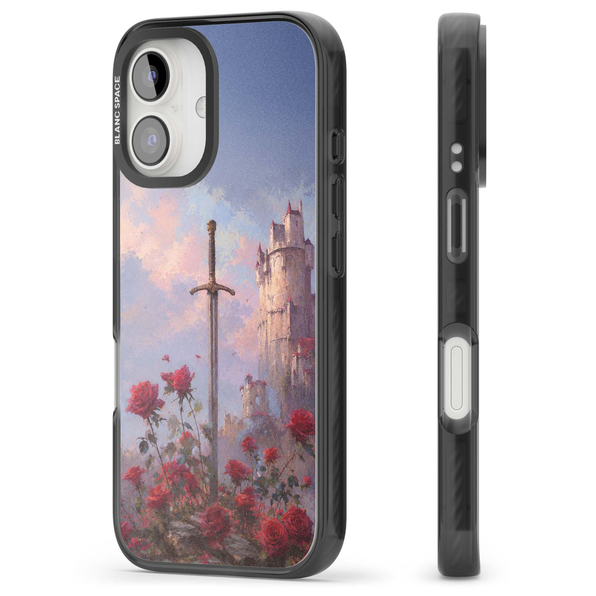 Sword in Roses medieval art iPhone case featuring a sword, red roses, and a misty fairytale castle at sunset | Black Impact Magsafe case for iPhone 16, iPhone 16 Plus