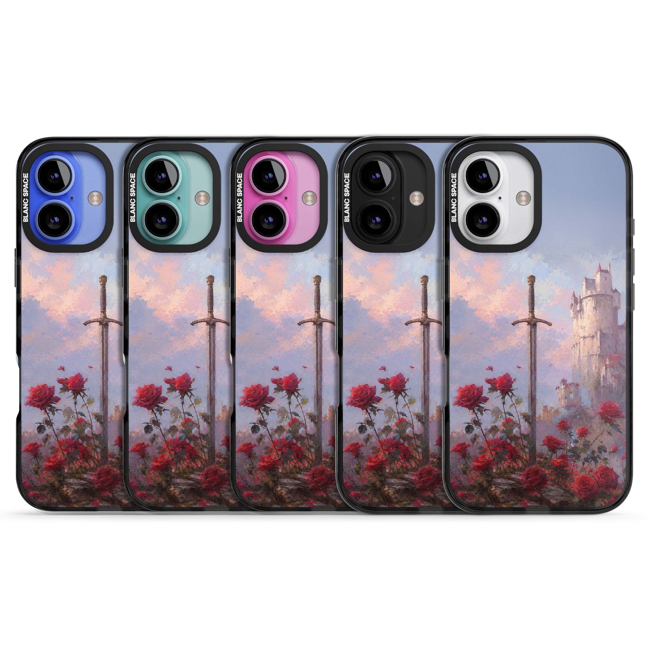 Sword in Roses medieval art iPhone case featuring a sword, red roses, and a misty fairytale castle at sunset | Black Impact Magsafe case for iPhone 16, iPhone 16 Plus