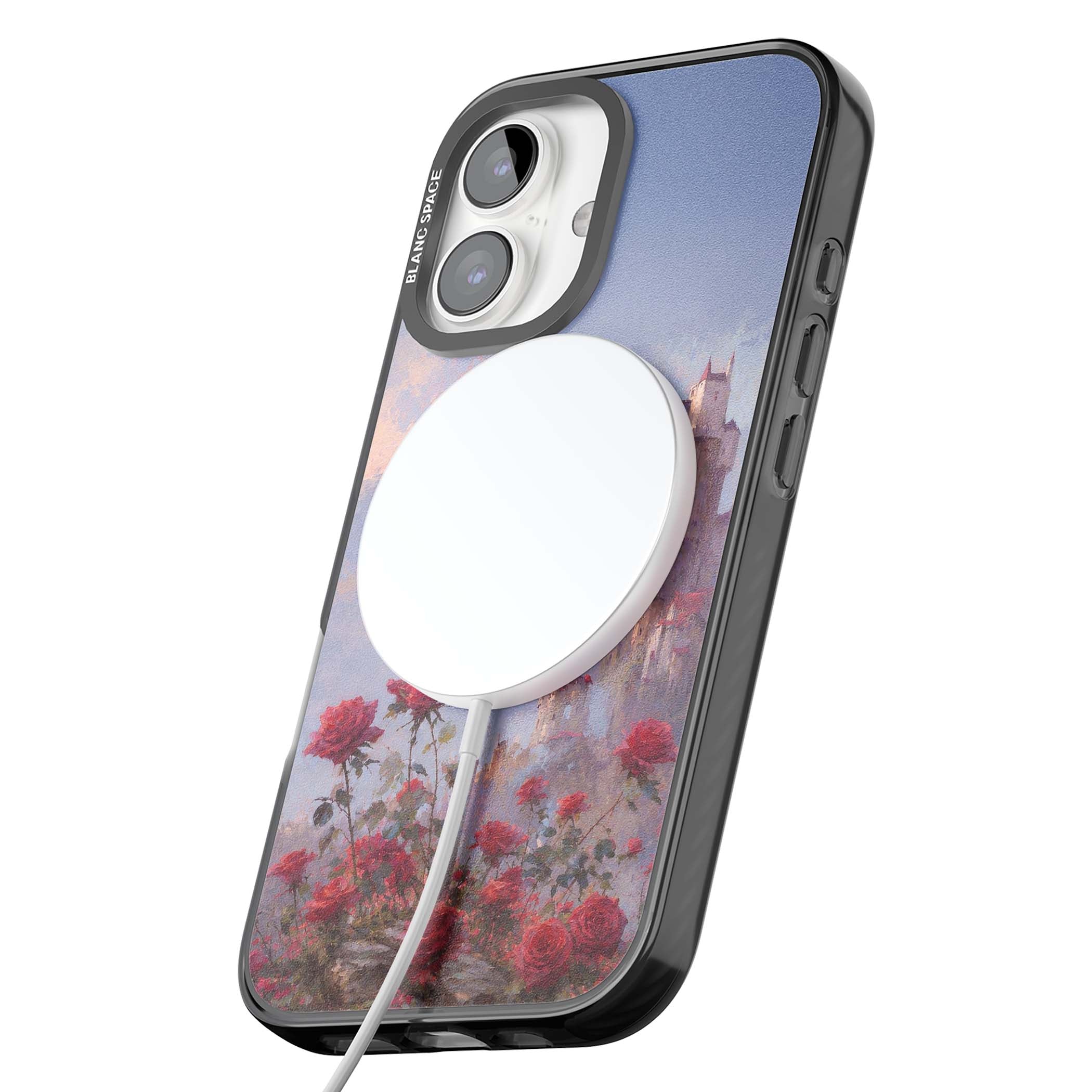 Sword in Roses medieval art iPhone case featuring a sword, red roses, and a misty fairytale castle at sunset | Black Impact Magsafe case for iPhone 16, iPhone 16 Plus