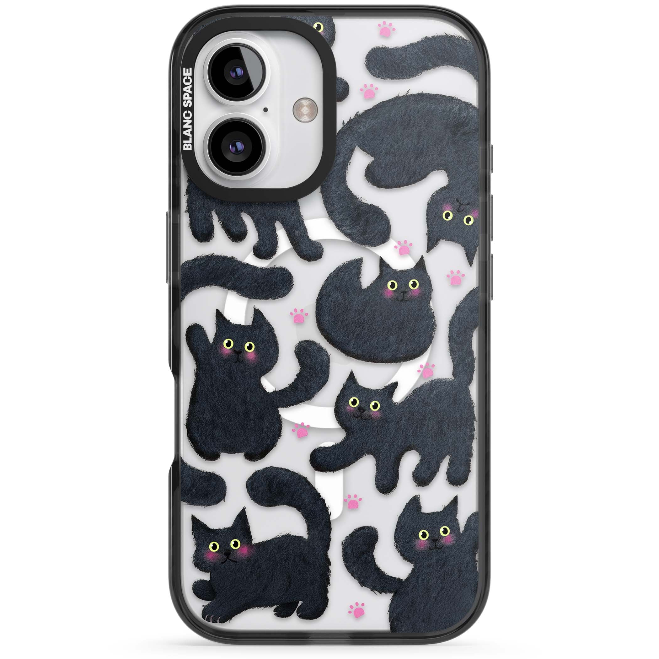 Midnight Cats cute iPhone case featuring black cat pattern with yellow eyes and pink paw prints | Black Impact Magsafe case for iPhone 16, iPhone 16 Plus