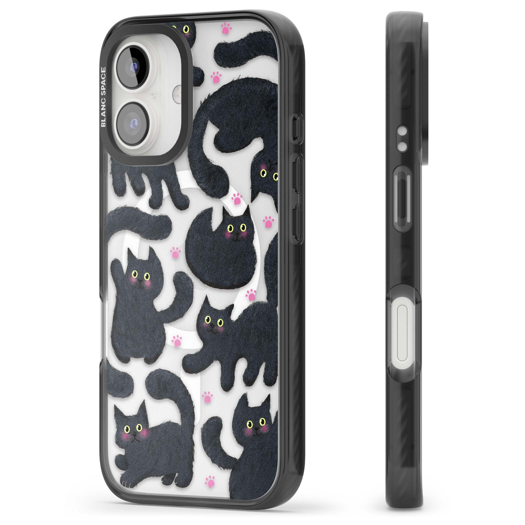 Midnight Cats cute iPhone case featuring black cat pattern with yellow eyes and pink paw prints | Black Impact Magsafe case for iPhone 16, iPhone 16 Plus