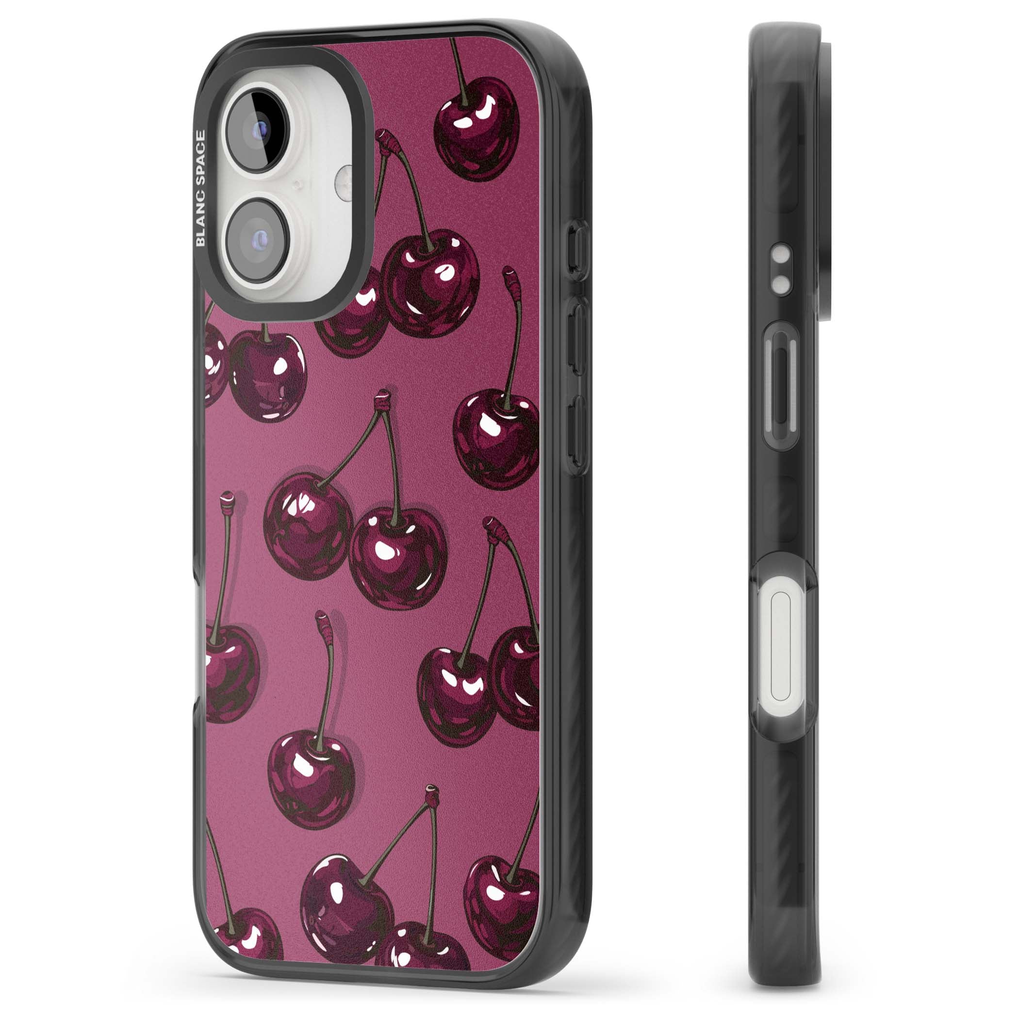 Cherry Soda coquette iPhone case featuring glossy burgundy cherries on a dusty pink background | Black Impact Magsafe case for iPhone 16, iPhone 16 Plus
