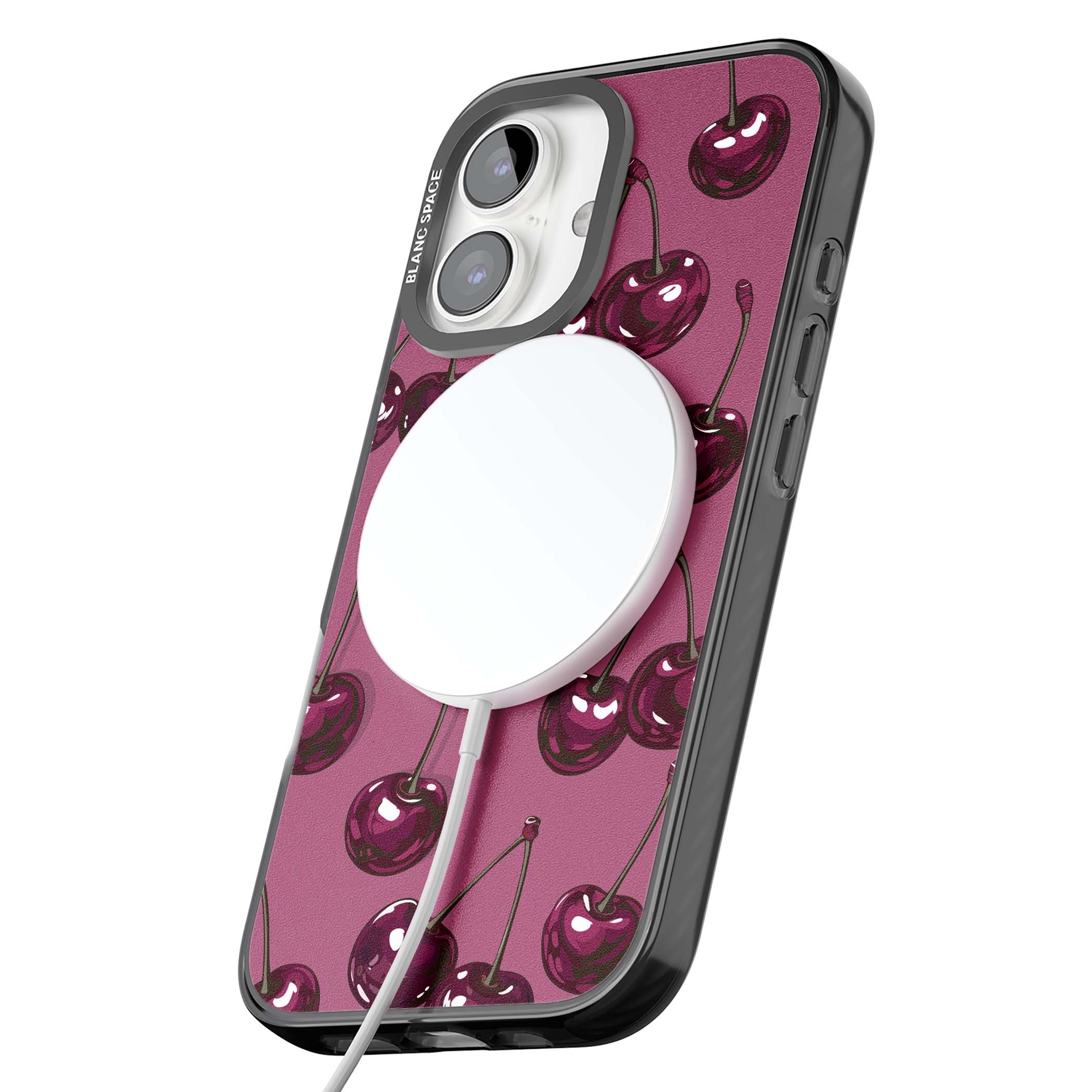 Cherry Soda coquette iPhone case featuring glossy burgundy cherries on a dusty pink background | Black Impact Magsafe case for iPhone 16, iPhone 16 Plus