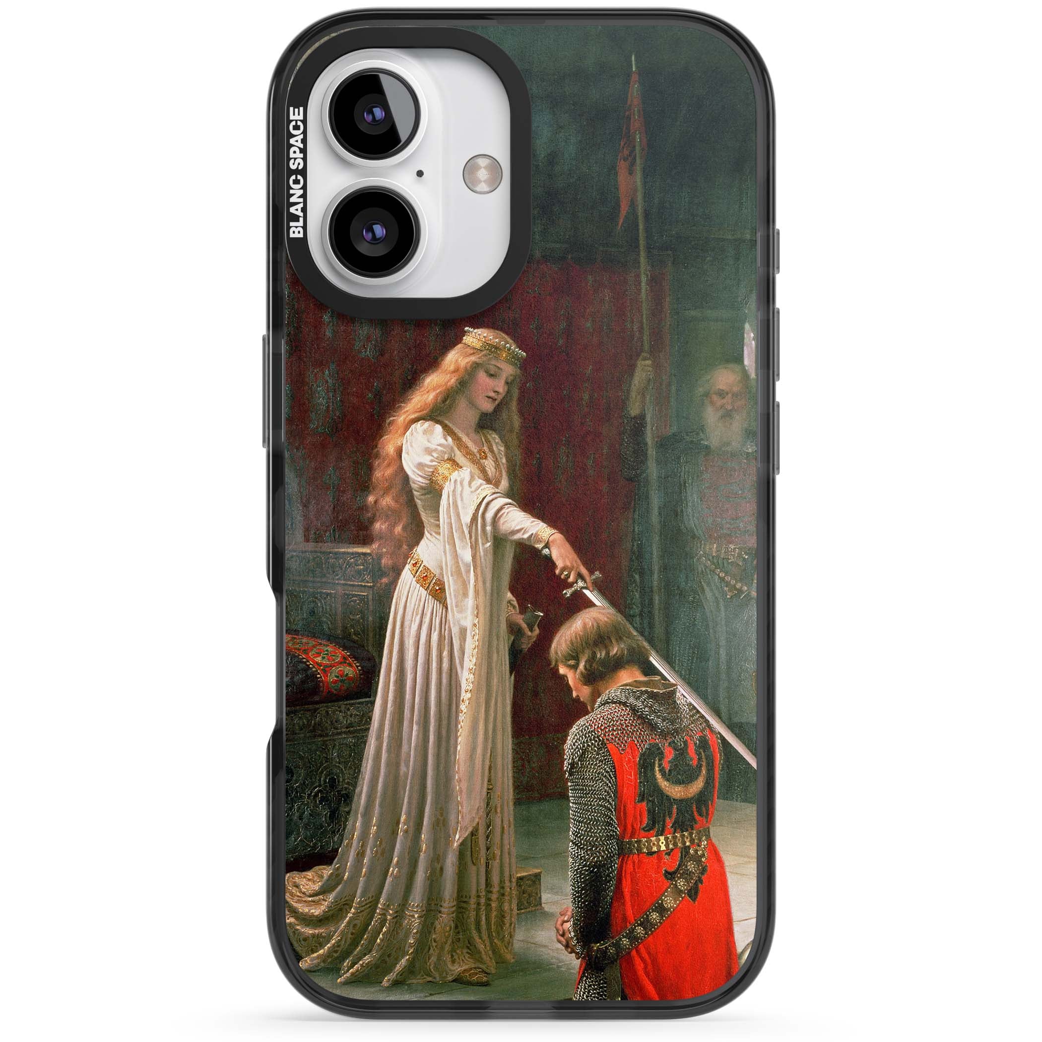 The Accolade renaissance art iPhone case featuring Edmund Blair Leighton's painting of a queen knighting a kneeling knight | Black Impact Magsafe case for iPhone 16, iPhone 16 Plus