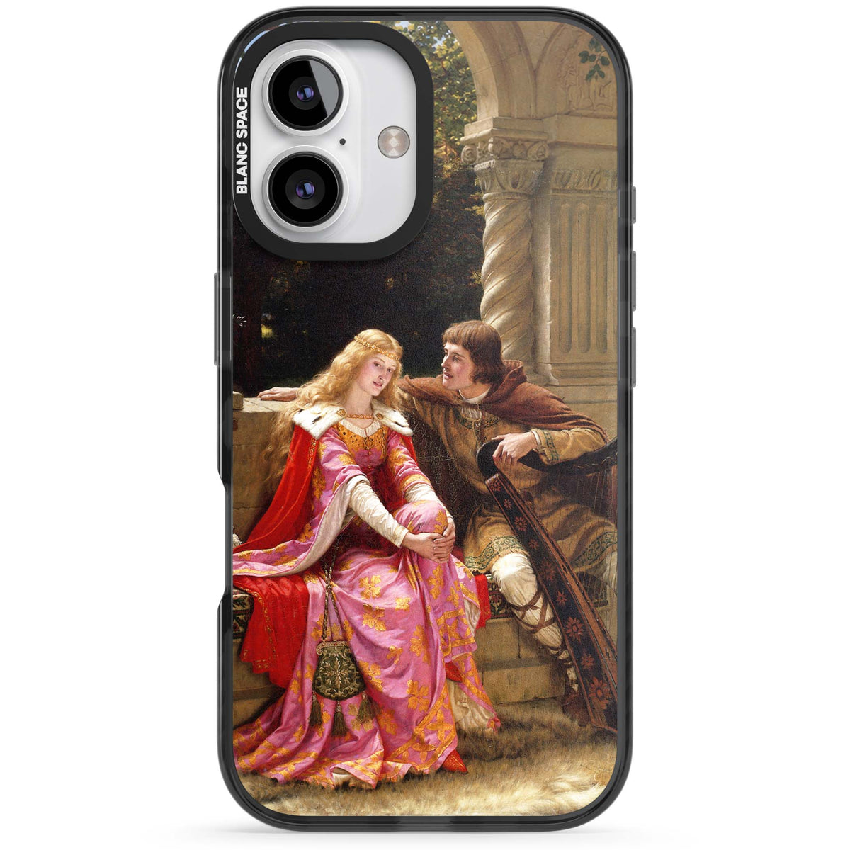 The End of the Song classic art iPhone case featuring a medieval lady in pink gown and her knight in a stone archway | Black Impact Magsafe case for iPhone 16, iPhone 16 Plus