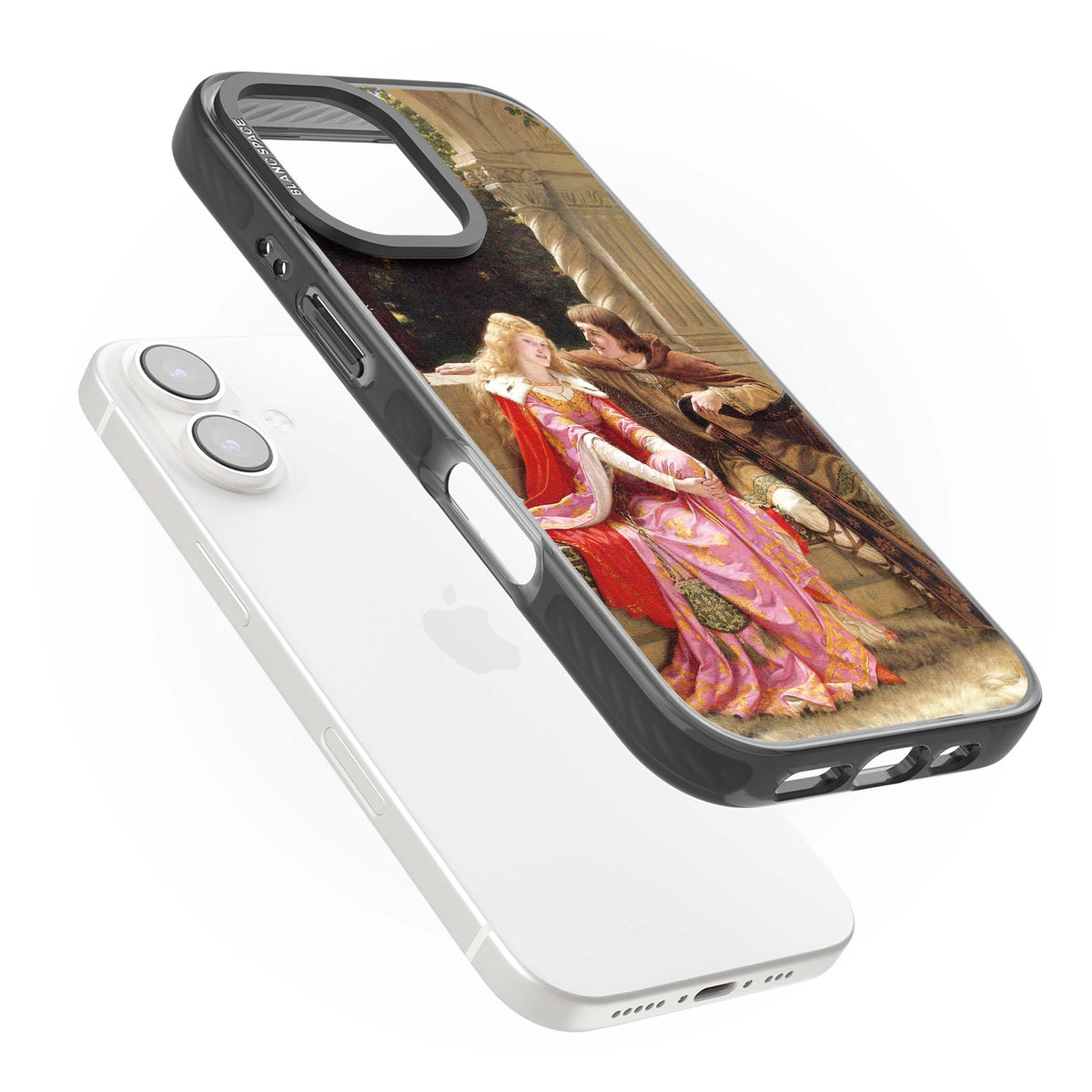 The End of the Song classic art iPhone case featuring a medieval lady in pink gown and her knight in a stone archway | Black Impact Magsafe case for iPhone 16, iPhone 16 Plus
