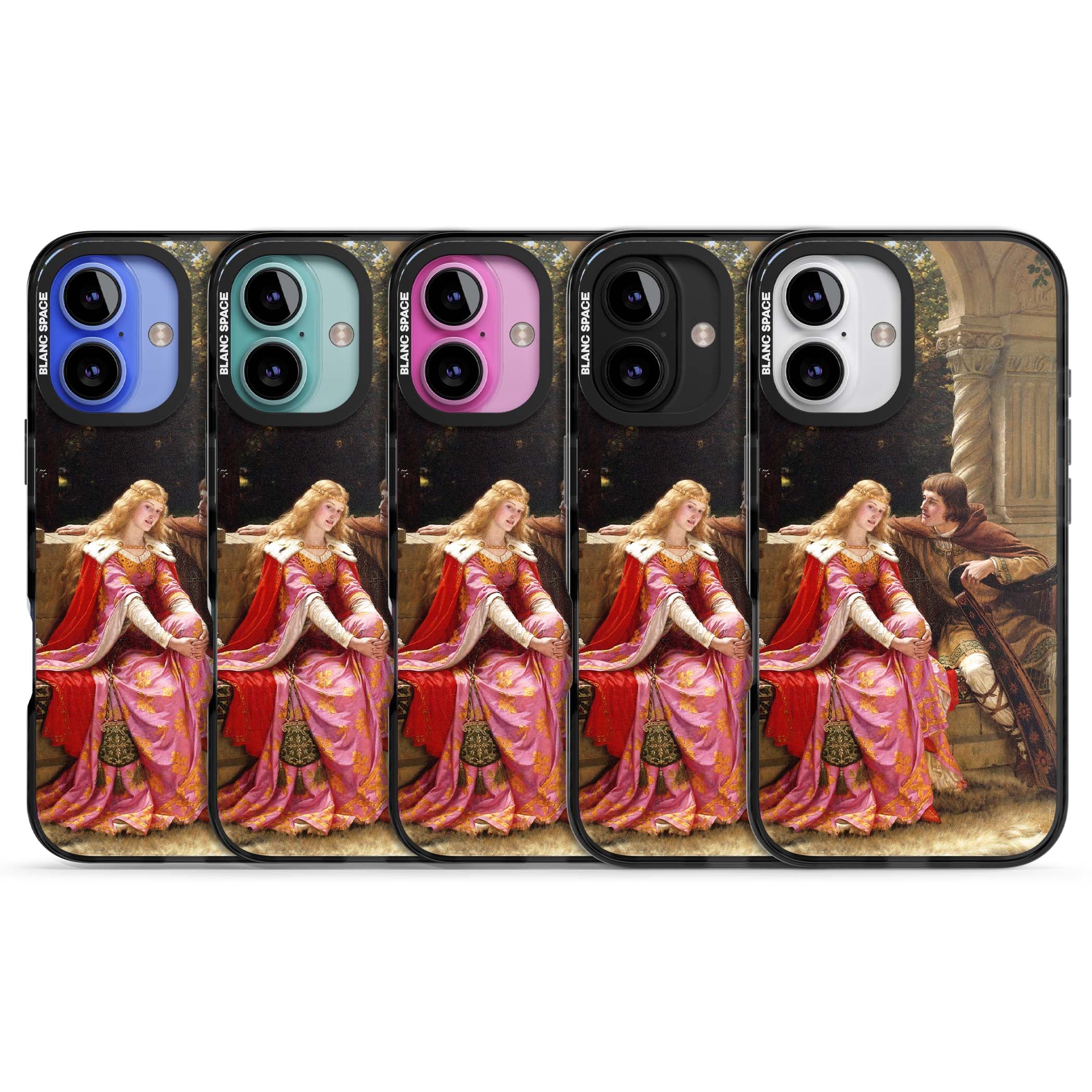 The End of the Song classic art iPhone case featuring a medieval lady in pink gown and her knight in a stone archway | Black Impact Magsafe case for iPhone 16, iPhone 16 Plus