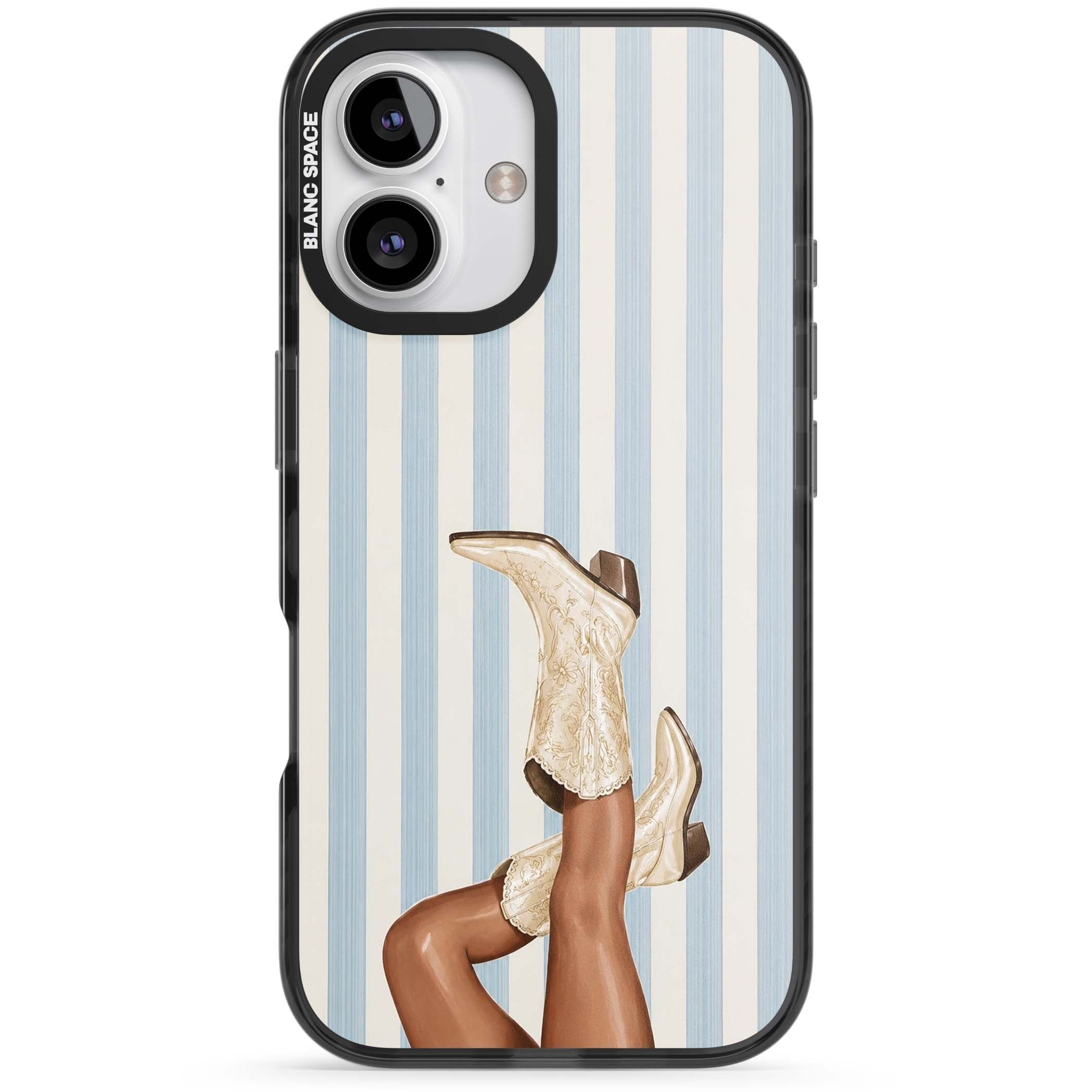 Cowgirl Boots coastal cowgirl iPhone case featuring embroidered western boots, tanned legs and a blue stripe backdrop | Black Impact Magsafe case for iPhone 16, iPhone 16 Plus