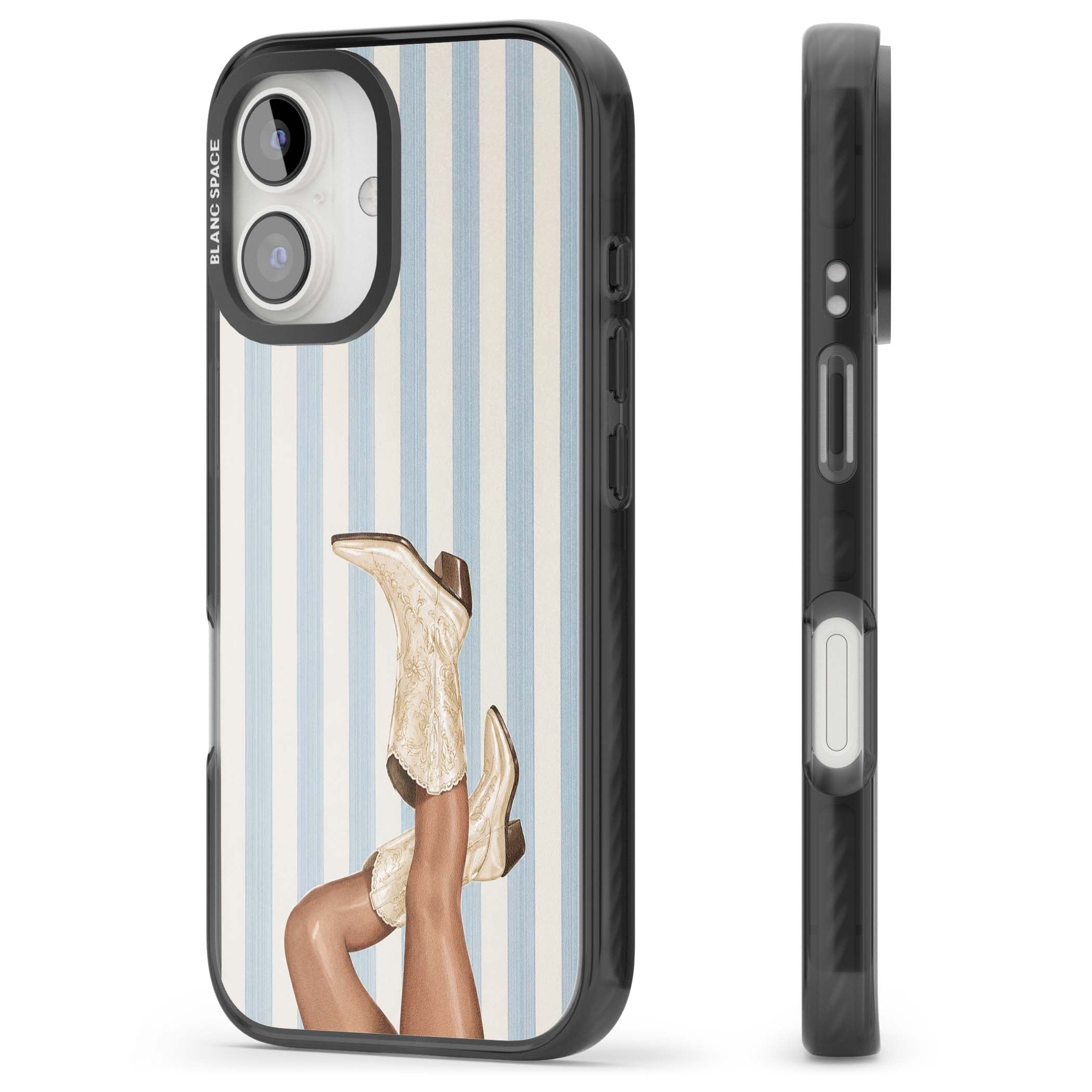 Cowgirl Boots coastal cowgirl iPhone case featuring embroidered western boots, tanned legs and a blue stripe backdrop | Black Impact Magsafe case for iPhone 16, iPhone 16 Plus