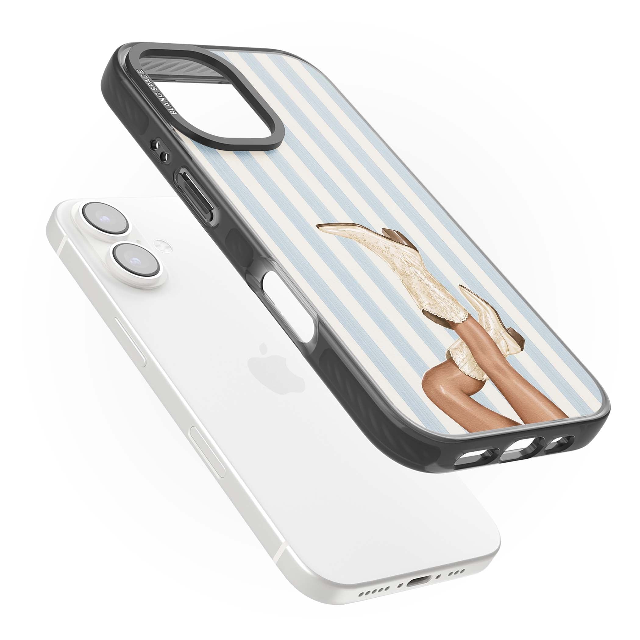 Cowgirl Boots coastal cowgirl iPhone case featuring embroidered western boots, tanned legs and a blue stripe backdrop | Black Impact Magsafe case for iPhone 16, iPhone 16 Plus
