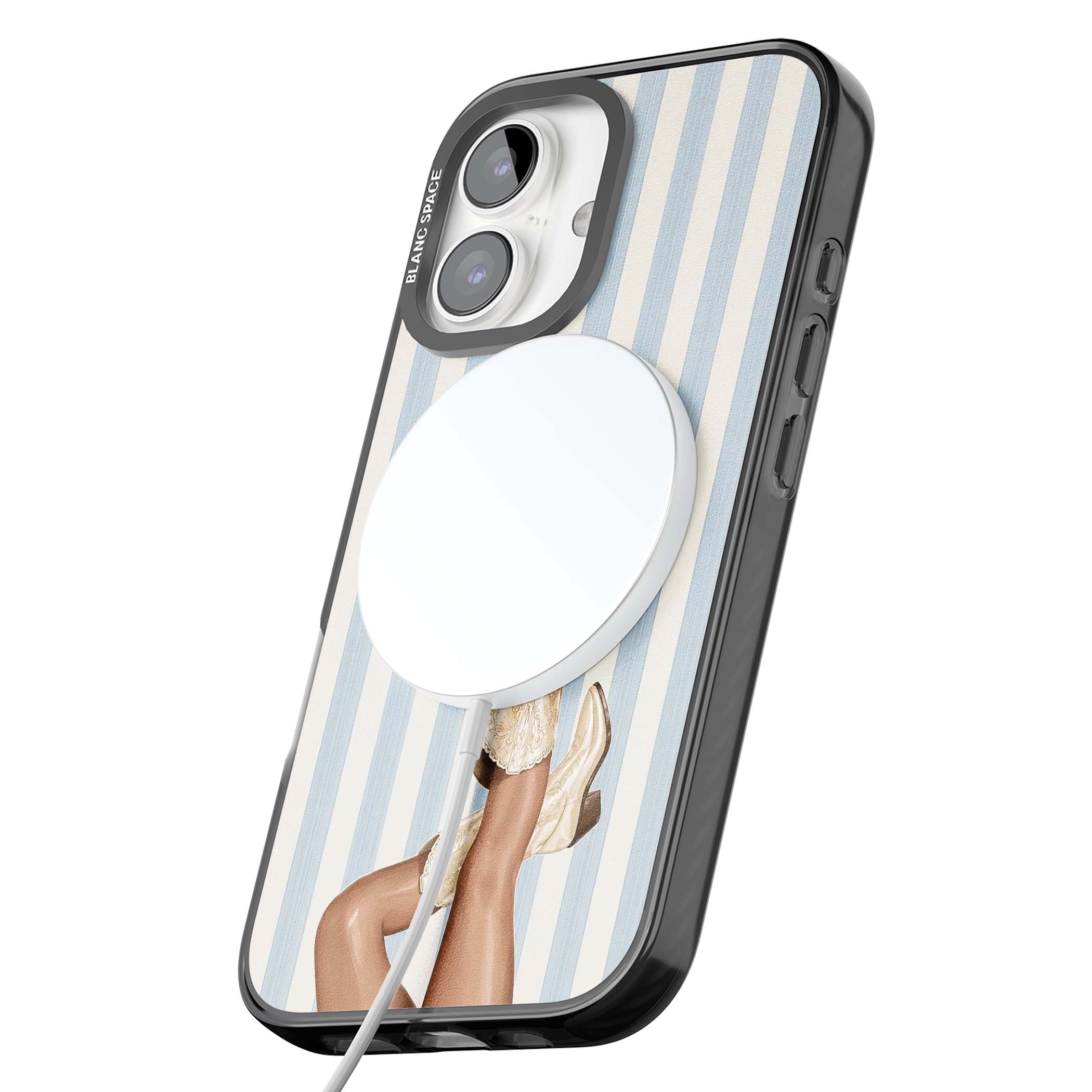 Cowgirl Boots coastal cowgirl iPhone case featuring embroidered western boots, tanned legs and a blue stripe backdrop | Black Impact Magsafe case for iPhone 16, iPhone 16 Plus