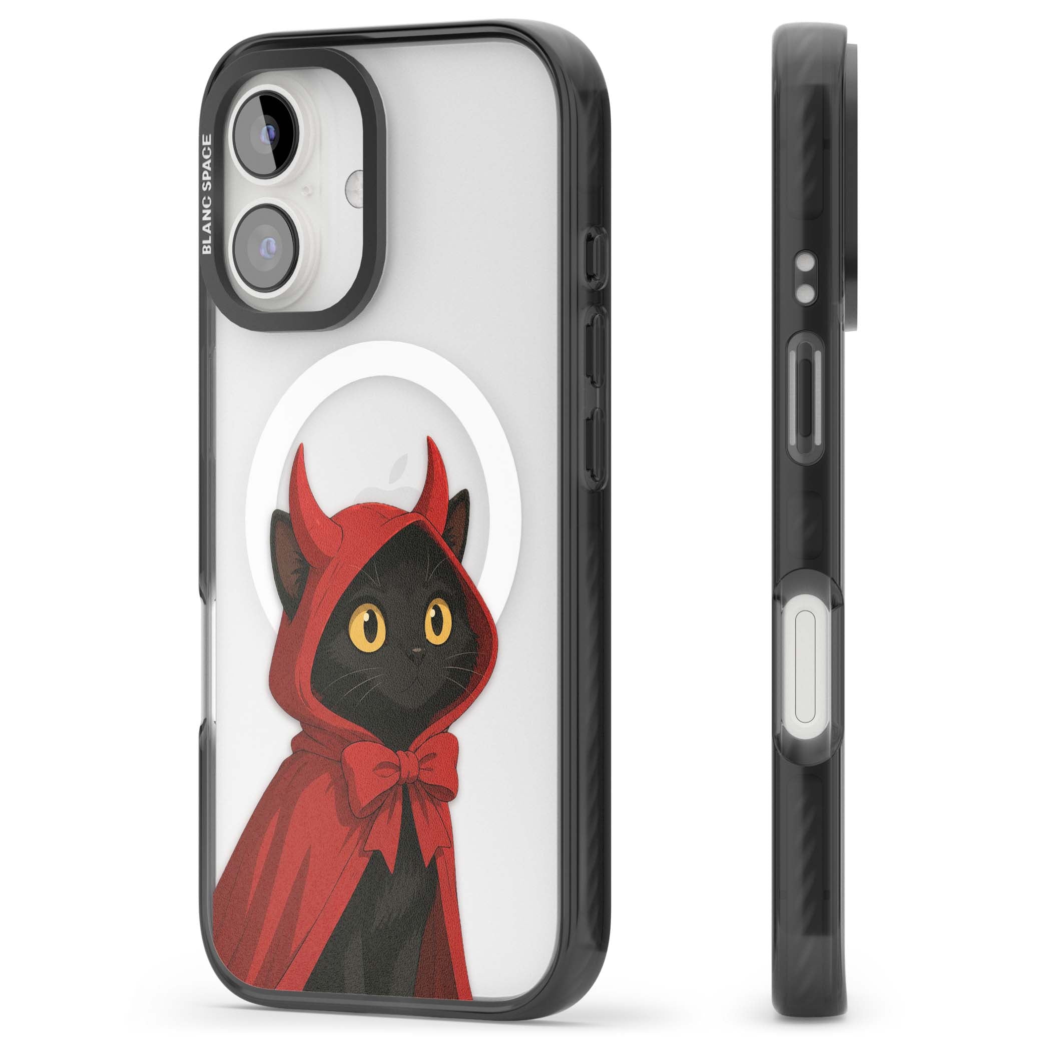 Little Devil halloween iPhone case featuring a black cat in a red hooded devil cloak with horns and golden eyes | Black Impact Magsafe case for iPhone 16, iPhone 16 Plus