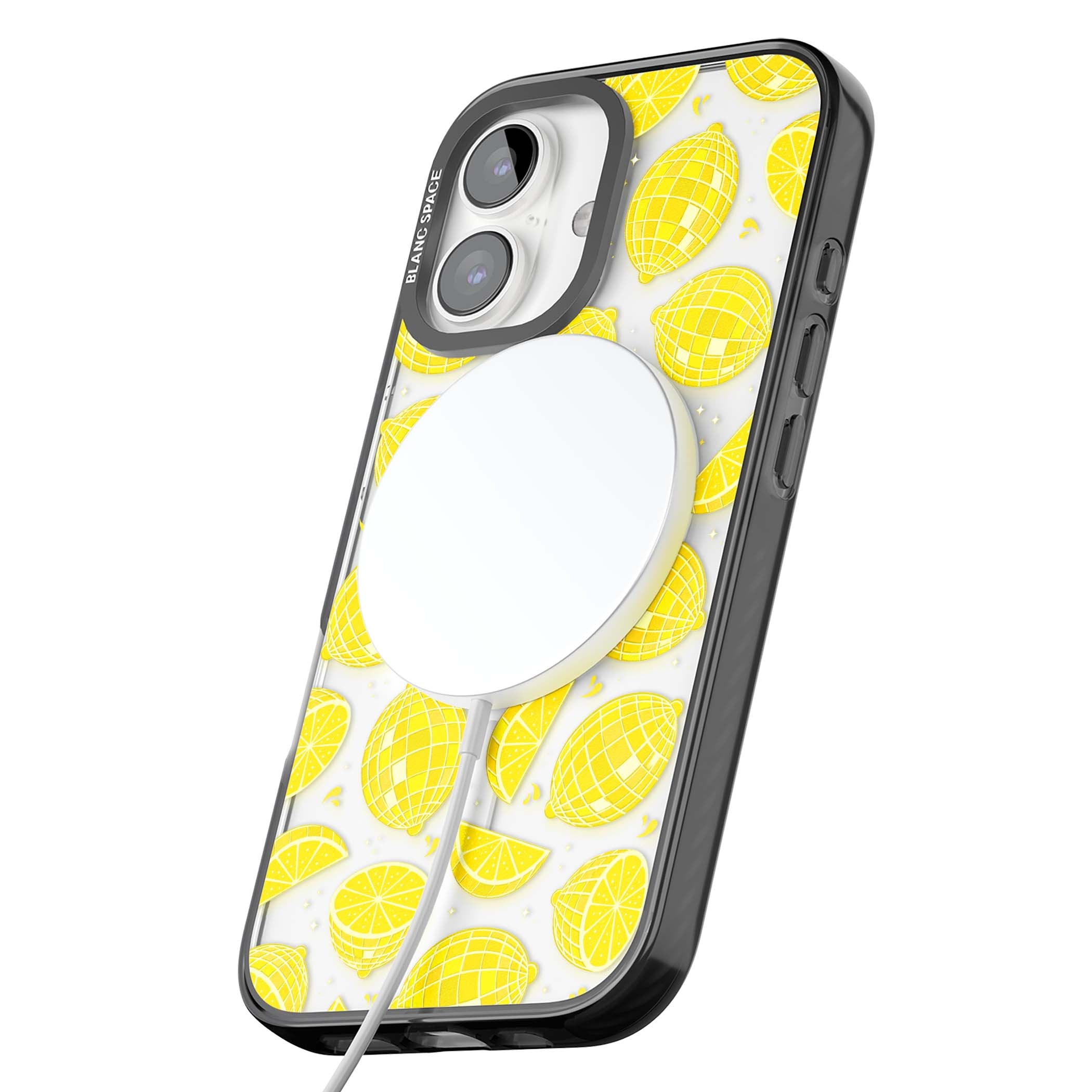 Disco Lemons citrus iPhone case featuring mirrorball lemons, sliced fruit and sparkle accents | Black Impact Magsafe case for iPhone 16, iPhone 16 Plus
