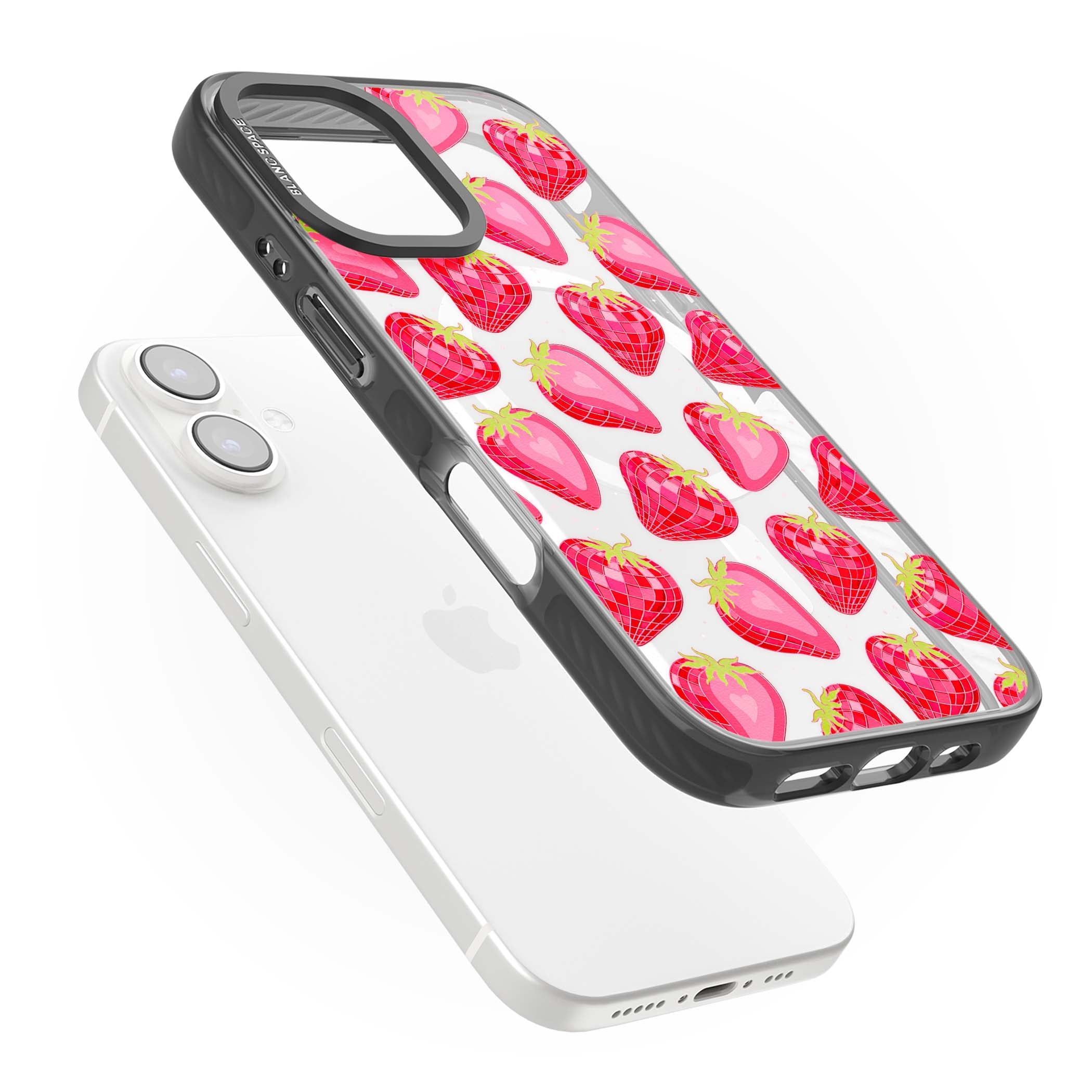 Disco Strawberry Y2K iPhone case featuring pink disco-ball strawberries, green leaves and tiny sparkles | Black Impact Magsafe case for iPhone 16, iPhone 16 Plus