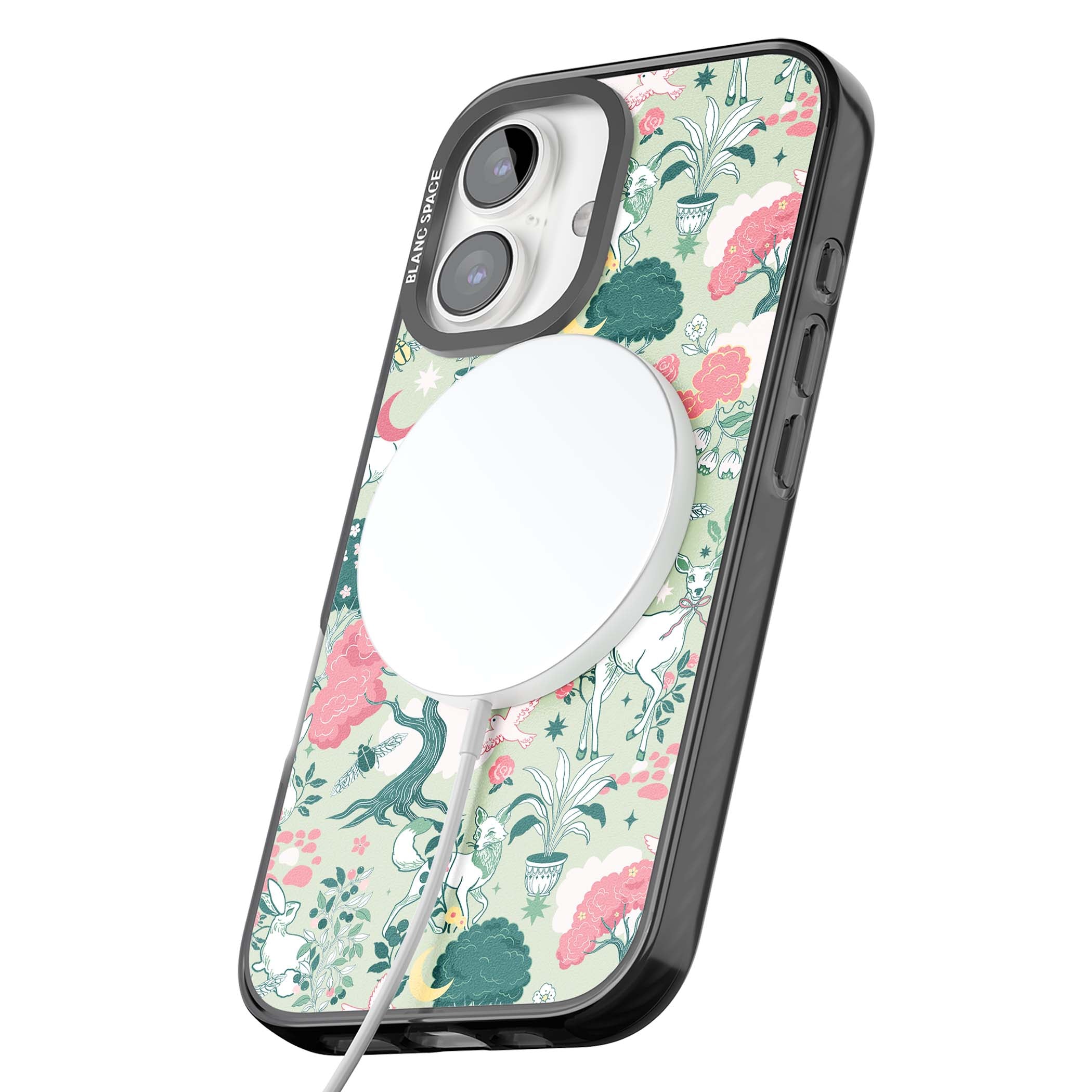 Enchanted Woodland cottagecore iPhone case featuring white deer, pink roses, mushrooms and woodland animals on sage green | Black Impact Magsafe case for iPhone 16, iPhone 16 Plus