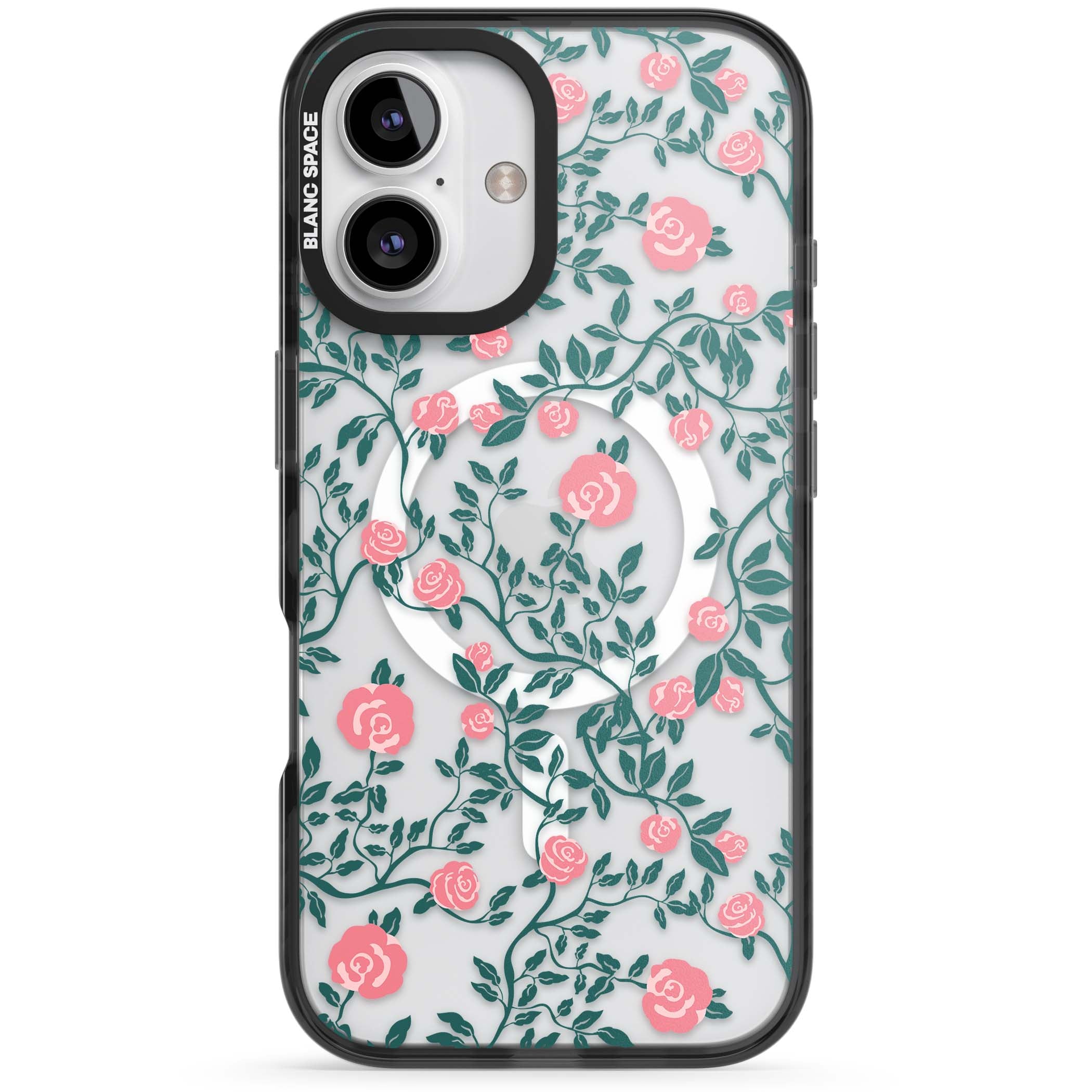 Rose Trellis (Clear) cottagecore iPhone case featuring pink climbing roses and green leaves on clear background | Black Impact Magsafe case for iPhone 16, iPhone 16 Plus